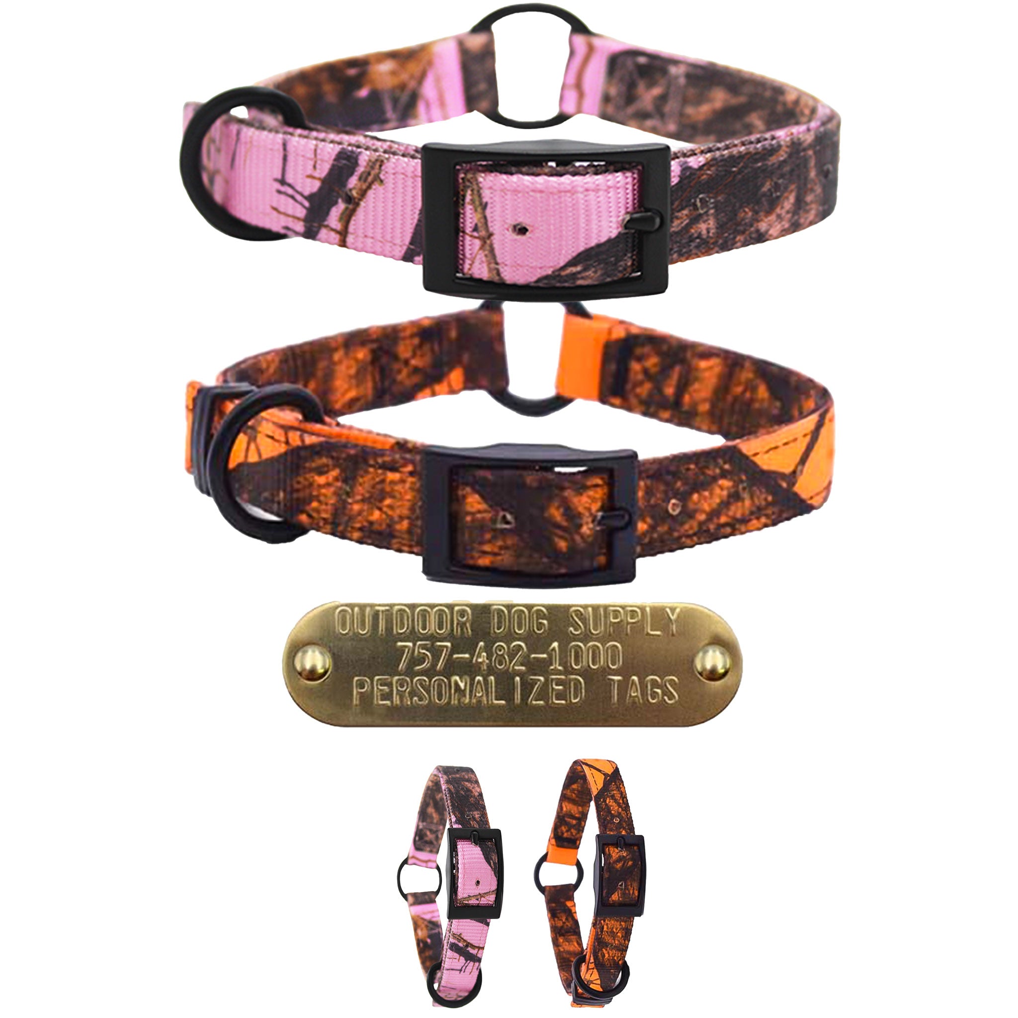 3/4" Nylon Camo Collars Center Ring Style with customized nameplate
