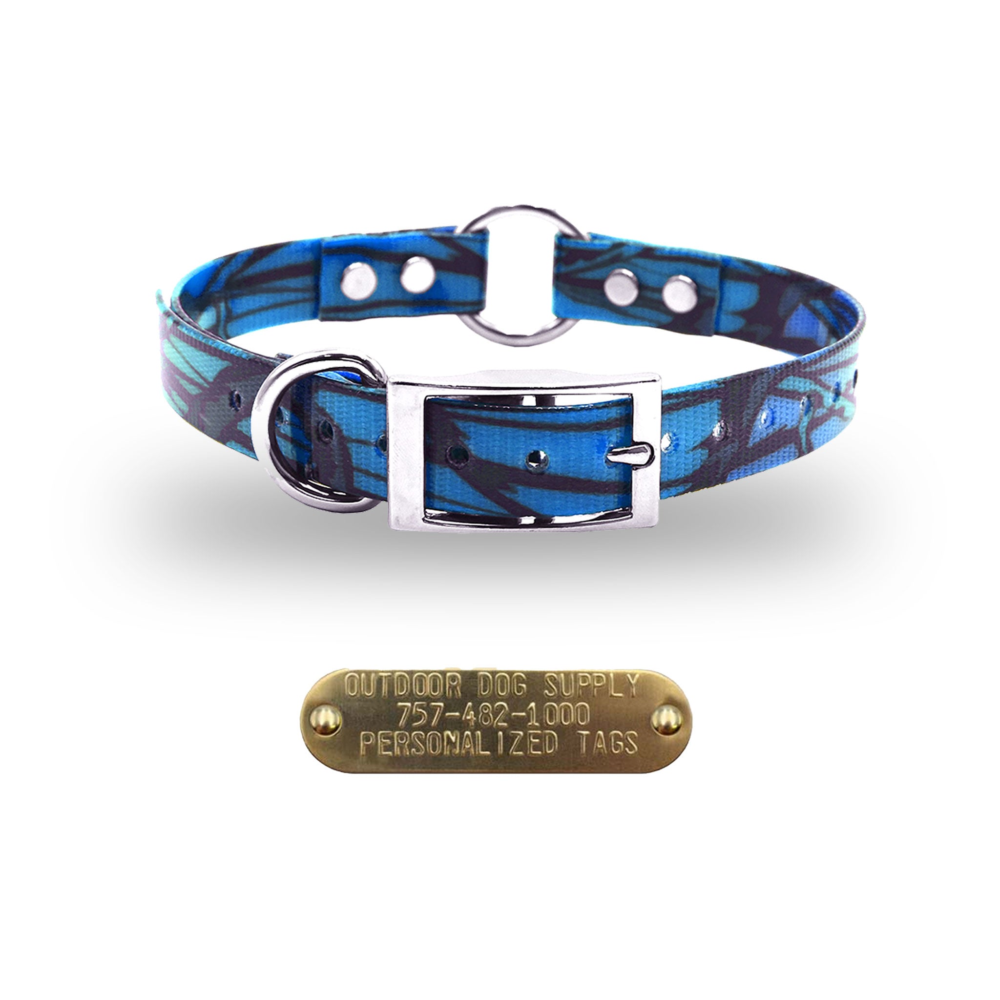 3/4" Premium Center Ring Collar with personalized nametag collar- Blue Camo
