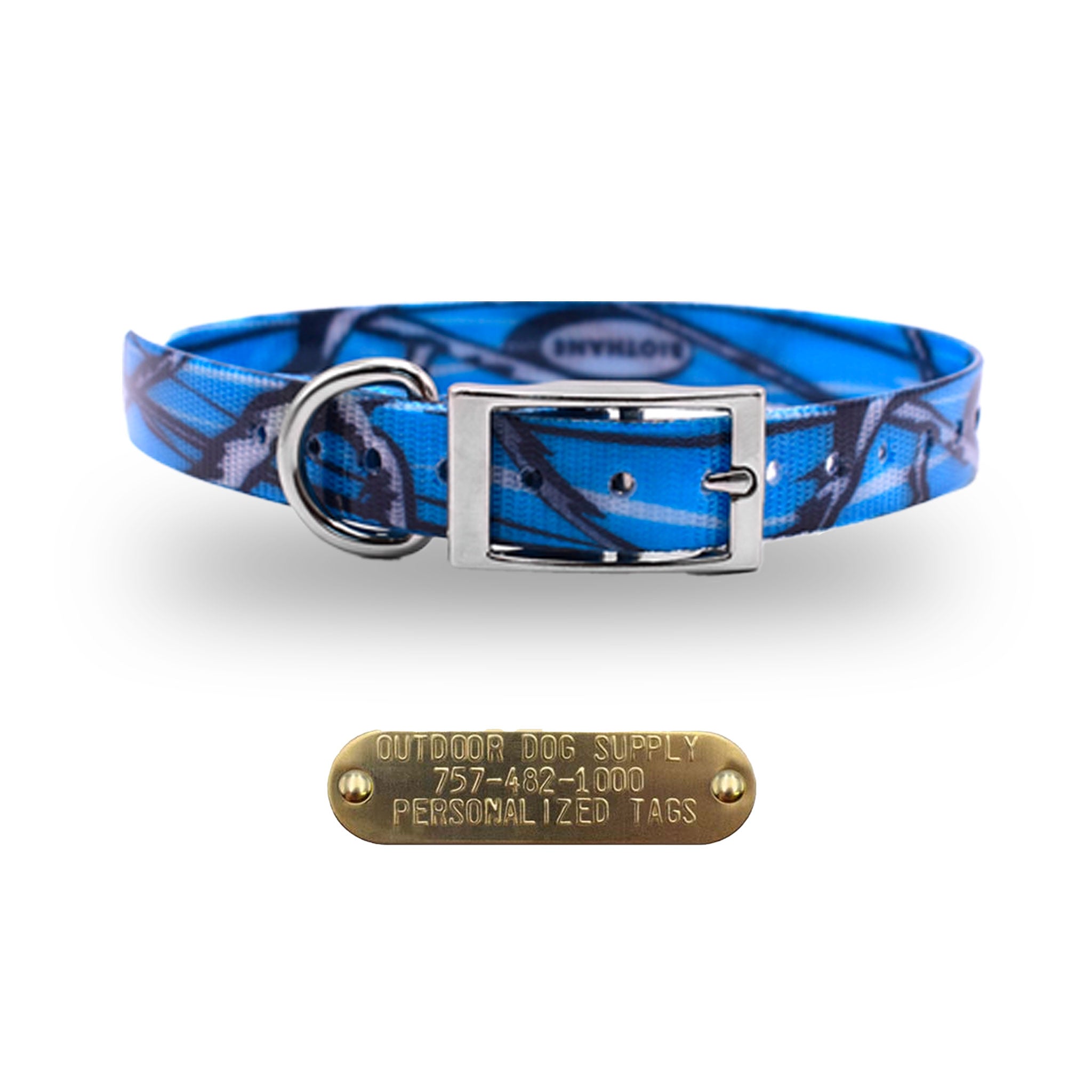Blue Camo 3/4-inch waterproof dog collar with D-ring and free brass nameplate, durable, odor-resistant, and handmade in the USA.