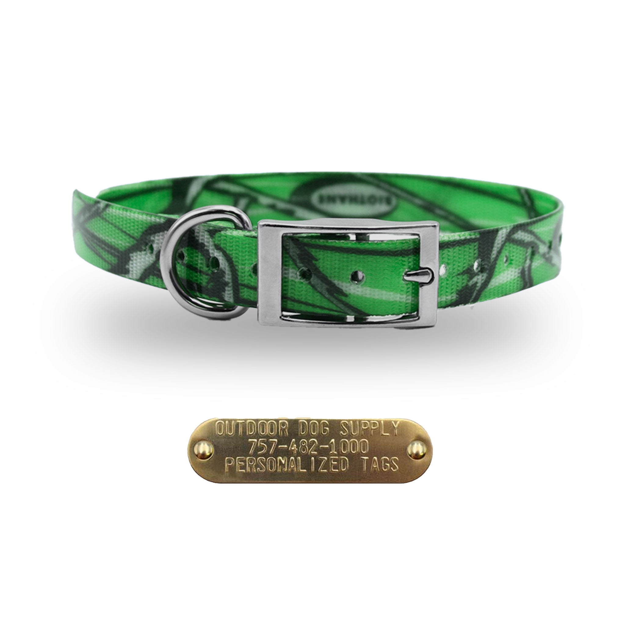 Green Camo 3/4-inch waterproof dog collar with D-ring and free brass nameplate, durable, odor-resistant, and handmade in the USA.