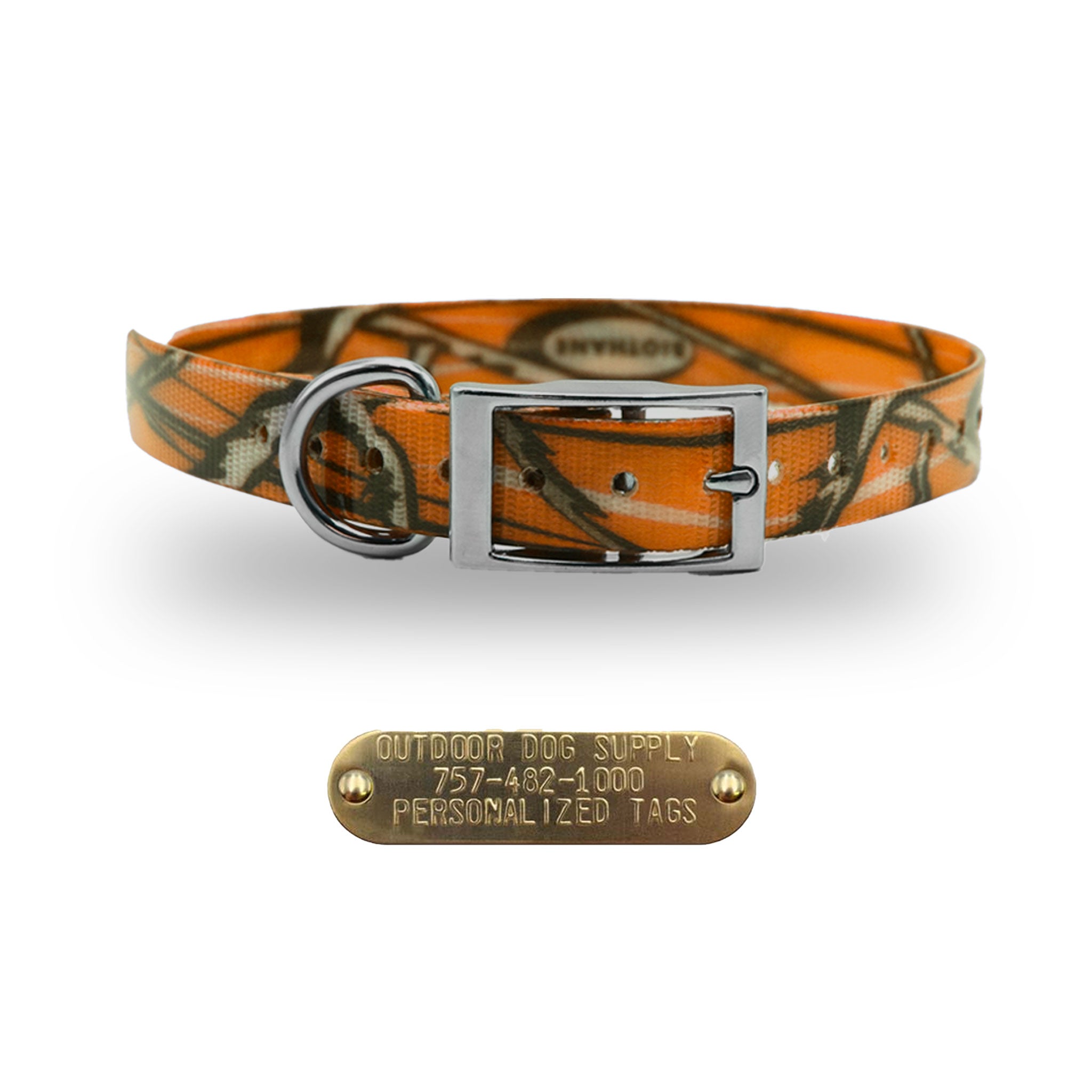 Orange Camo 3/4-inch waterproof dog collar with D-ring and free brass nameplate, durable, odor-resistant, and handmade in the USA.