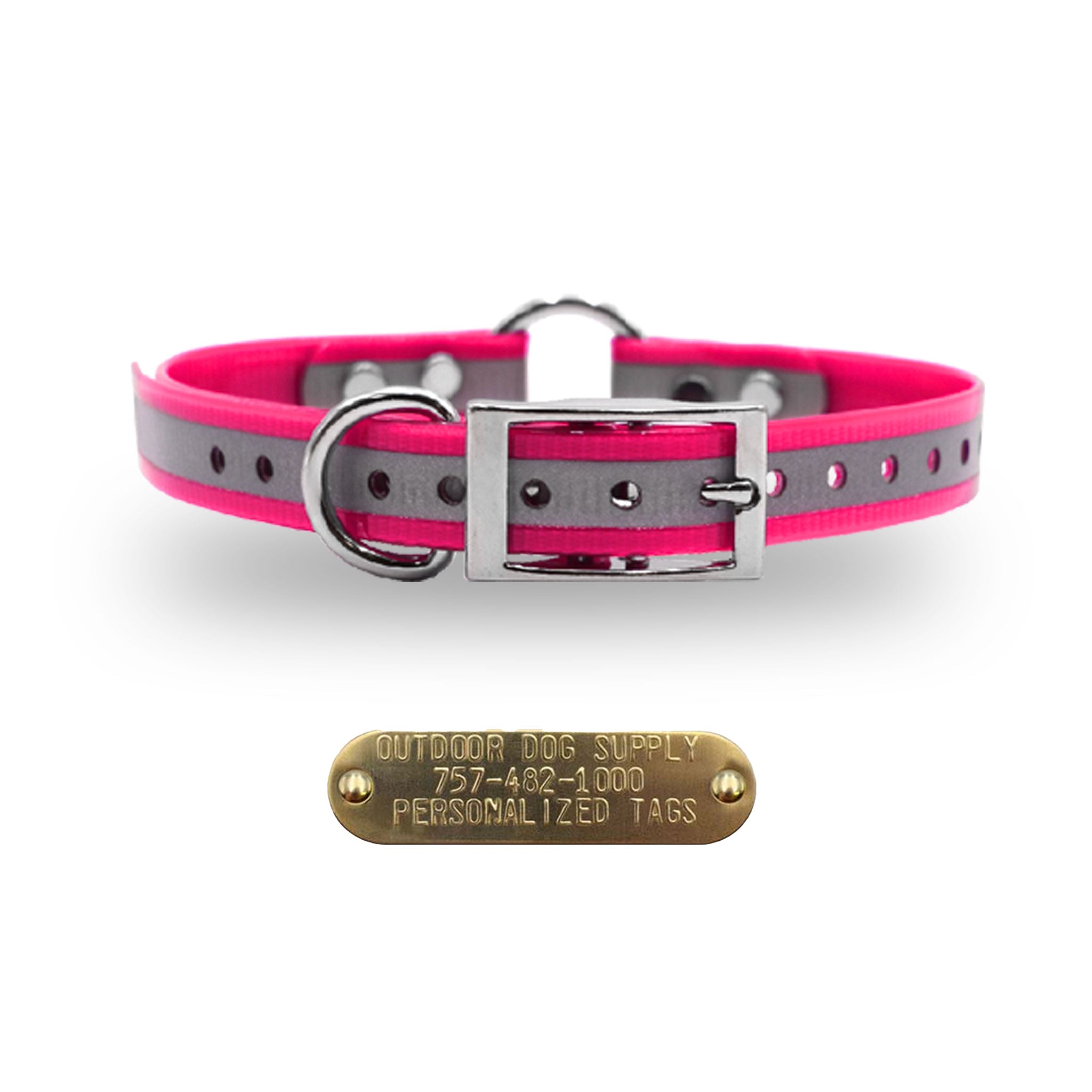 3/4" Premium Center Ring Collar with personalized nametag collar- Reflective Pink