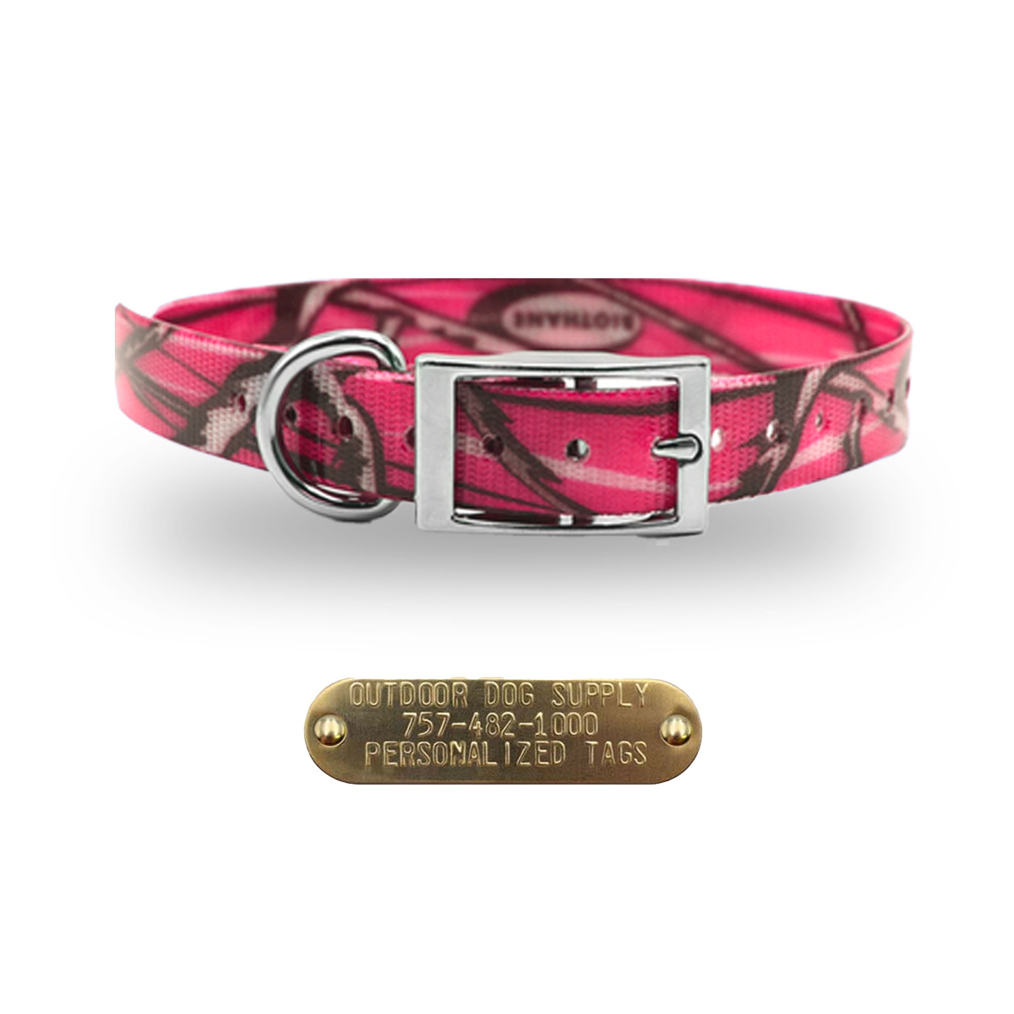 Pink Camo 3/4-inch waterproof dog collar with D-ring and free brass nameplate, durable, odor-resistant, and handmade in the USA.