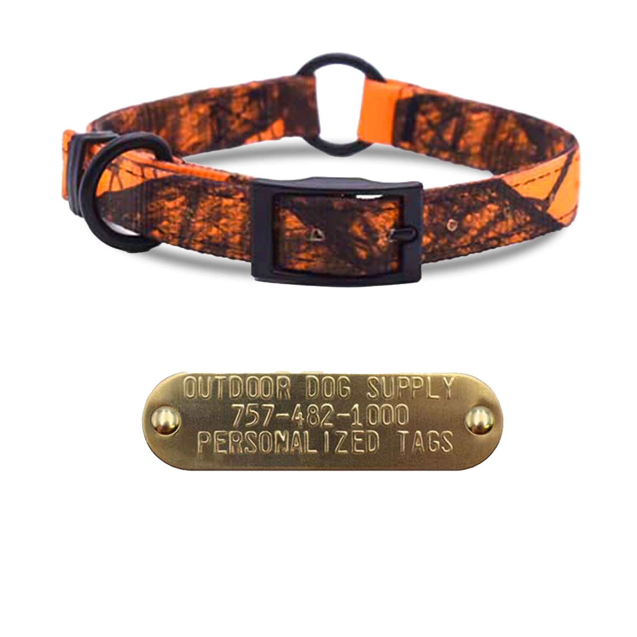 3/4" Nylon Camo Center Ring Collar with personalized nameplate- Orange Camo