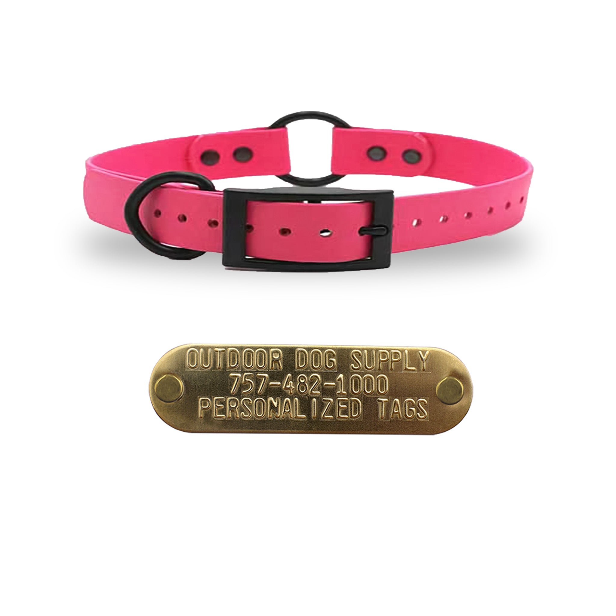 SoftFlex 3/4" dog collar with center ring, black hardware, free brass name plate, and waterproof, odor-resistant material. Bubble Gum Pink