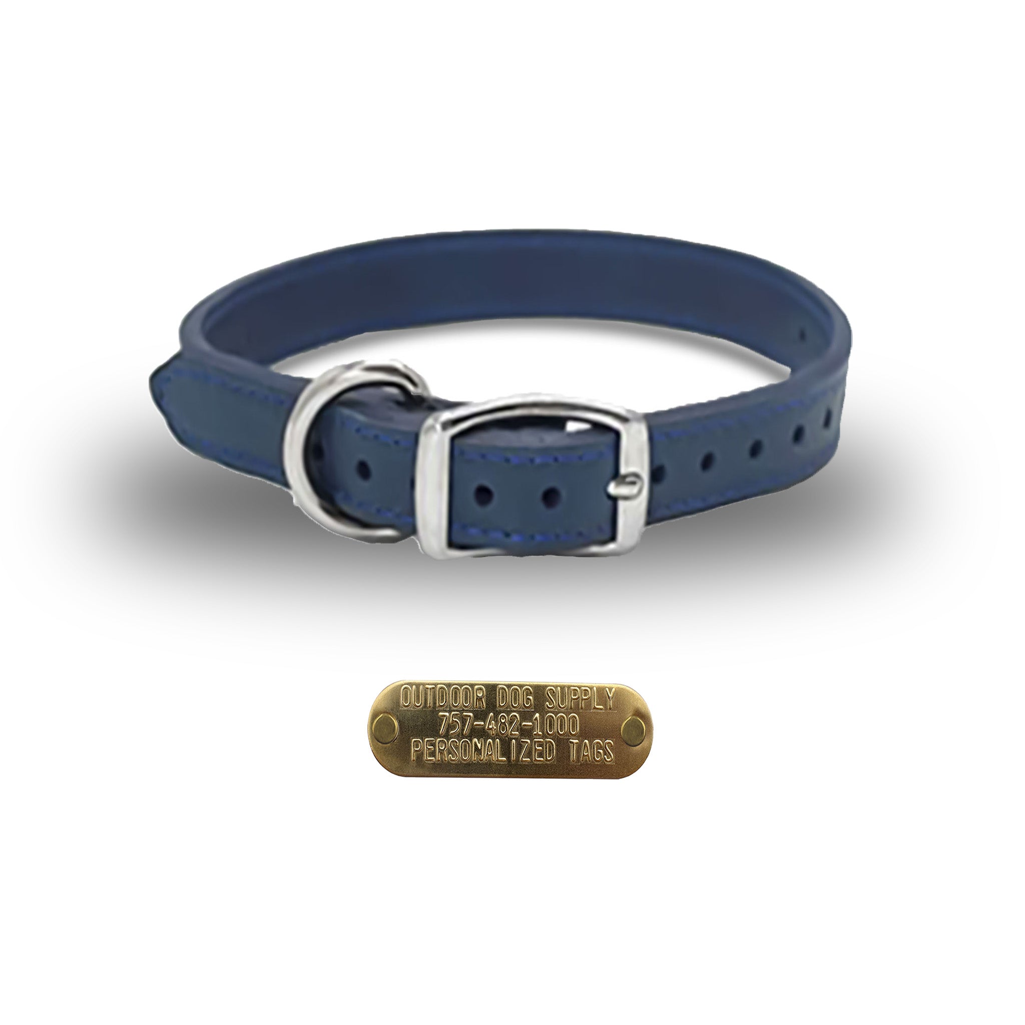 USA-made 3/4" UltraSoft Luxe leather collar with D-ring. Fits 8-18" necks. Free customizable brass name plate. Durable & stylish. Navy Blue