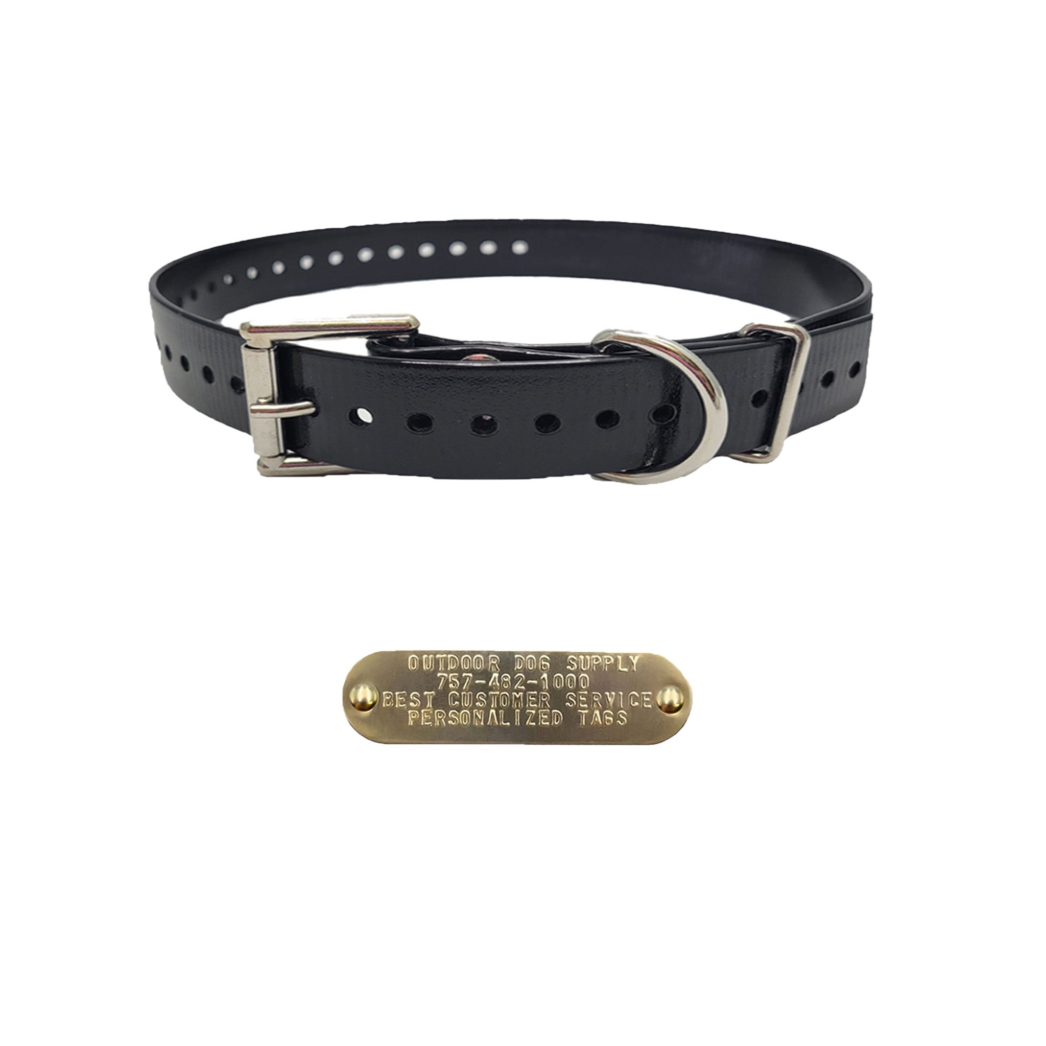 3/4" dog collars. Fits up to 25" necks, trim to fit. D/Square rings for leash/tags. Free brass name plate. Double Buckle Black