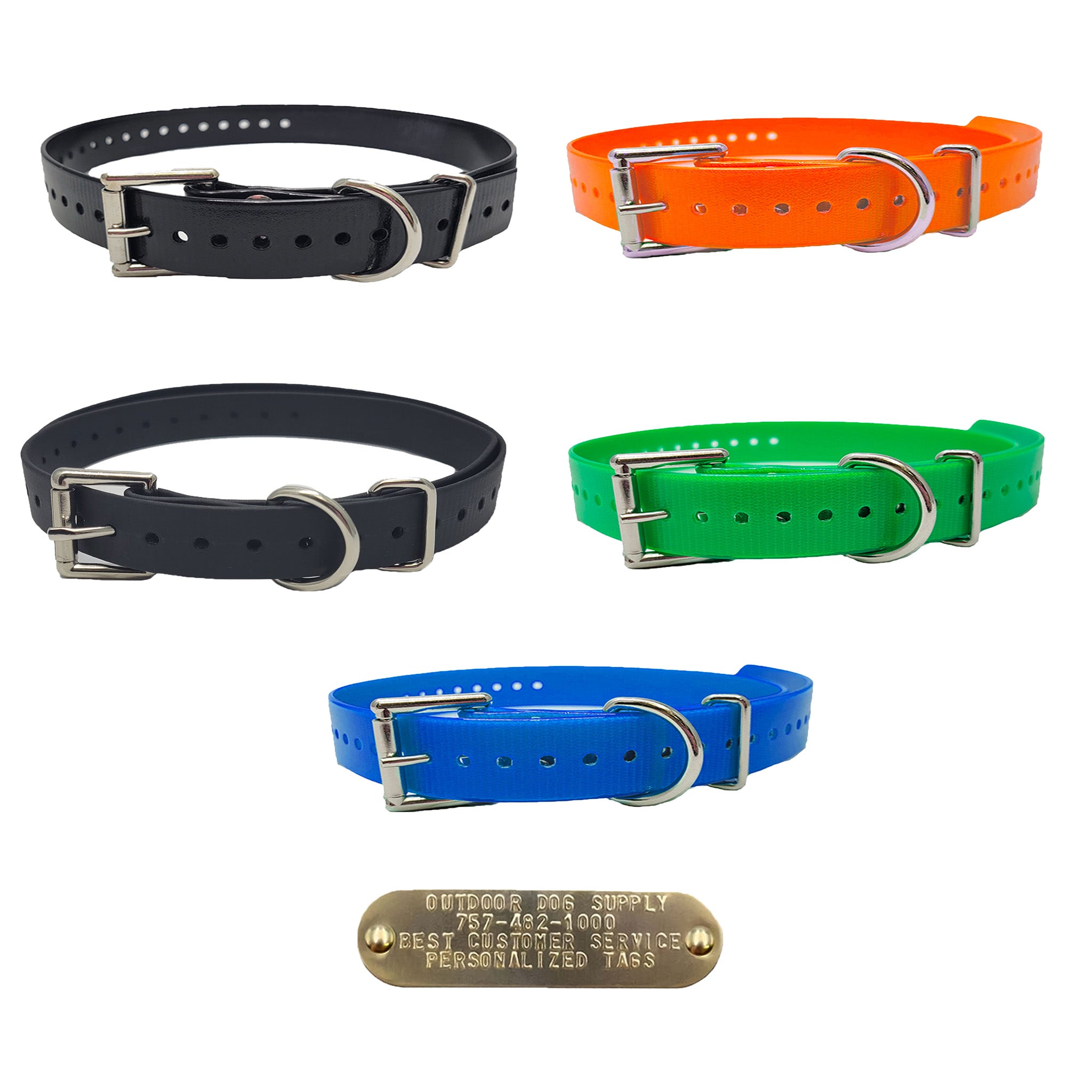 3/4" dog collars. Fits up to 25" necks, trim to fit. D/Square rings for leash/tags. Double buckle. Free brass name plate. Multiple colors