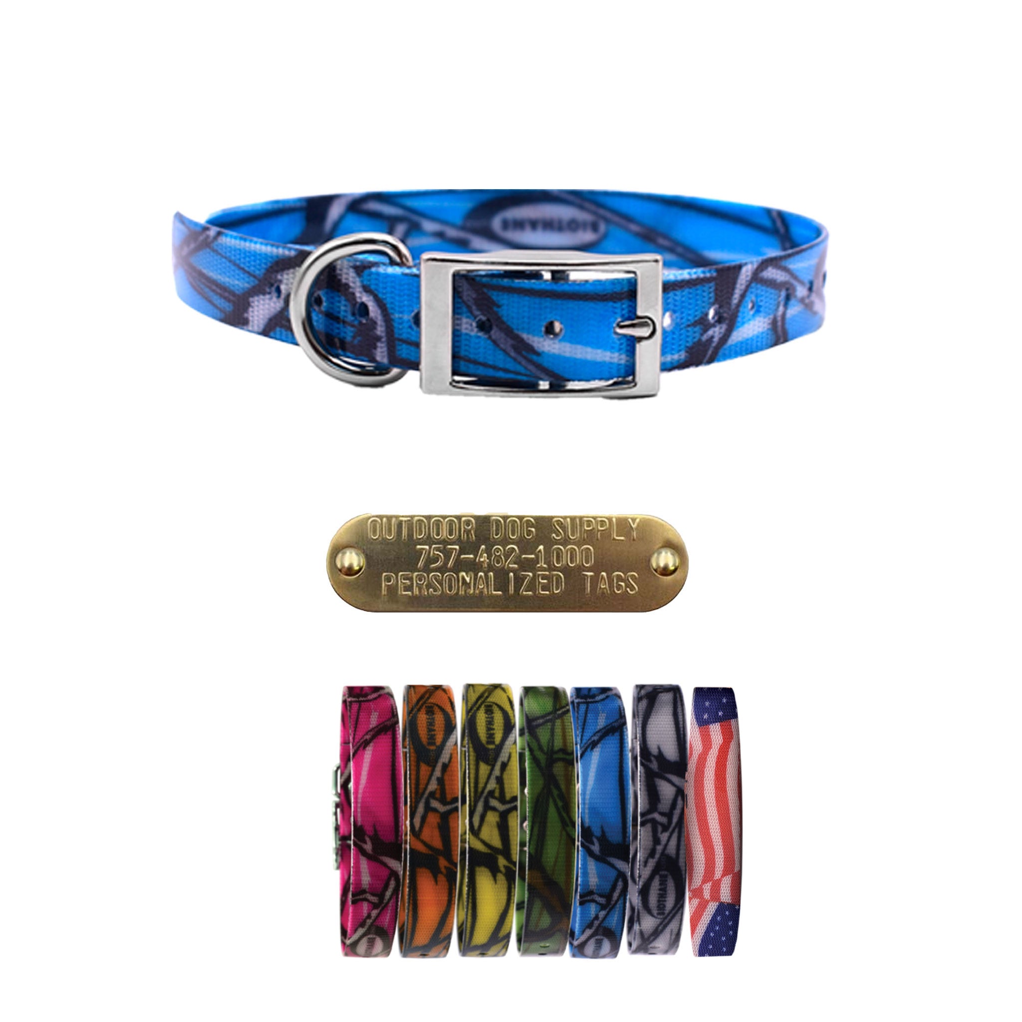 3/4-inch waterproof dog collar with D-ring and free brass nameplate, durable, odor-resistant, and handmade in the USA. Available in American Flag and camo patterns