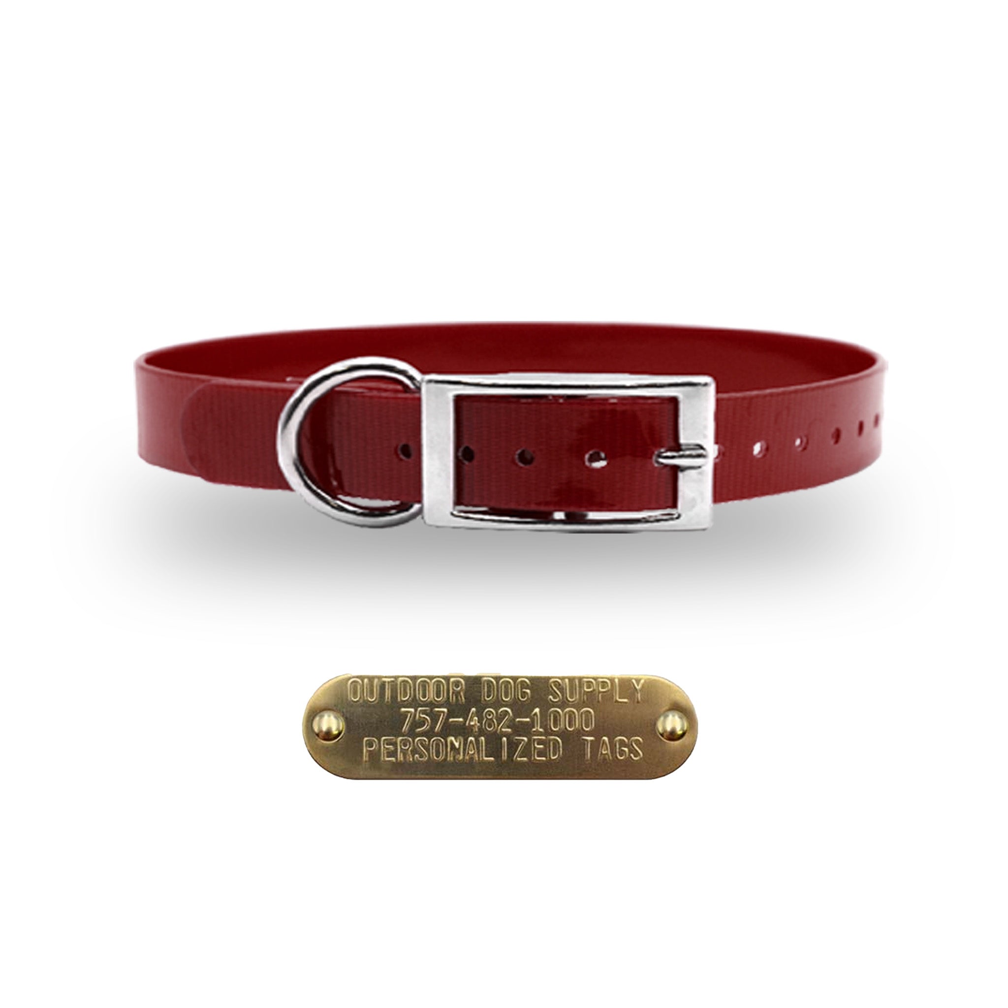 Burgundy 3/4-inch waterproof dog collar with D-ring and free brass nameplate, durable, odor-resistant, and handmade in the USA.
