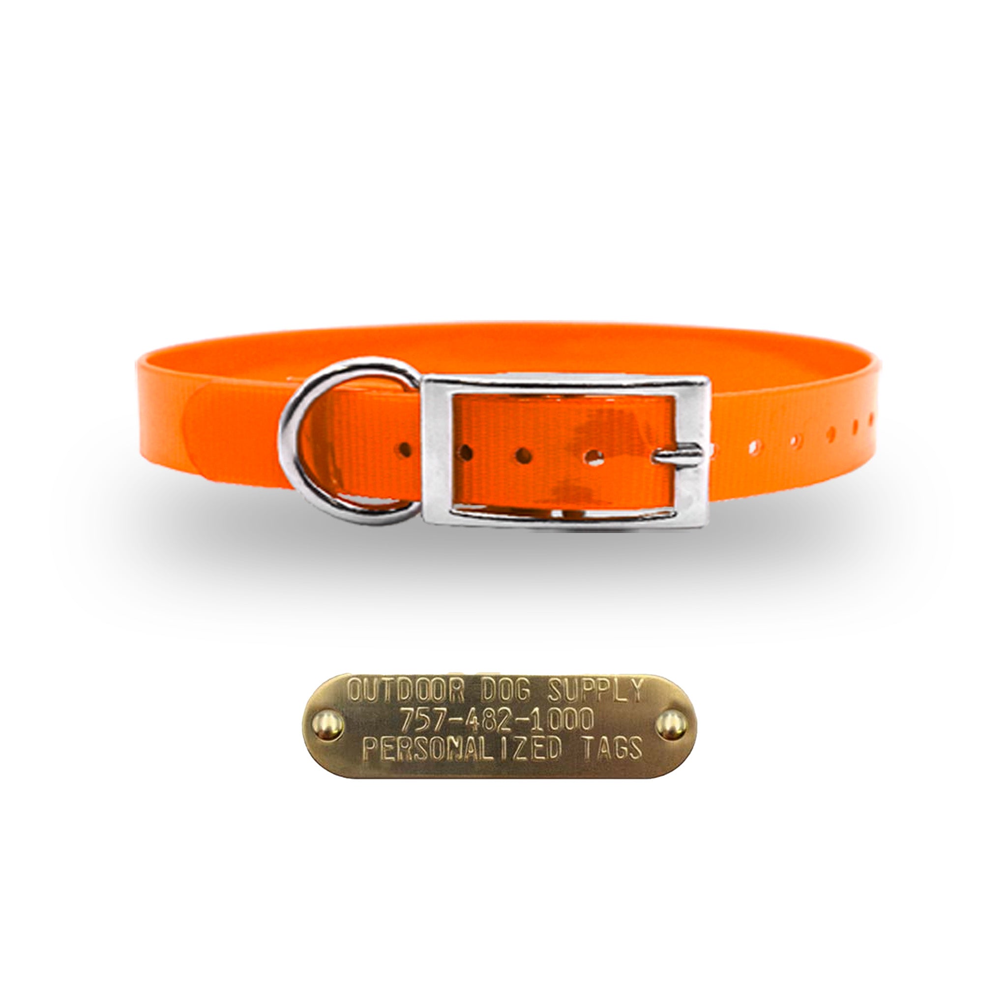 Orange 3/4-inch waterproof dog collar with D-ring and free brass nameplate, durable, odor-resistant, and handmade in the USA.