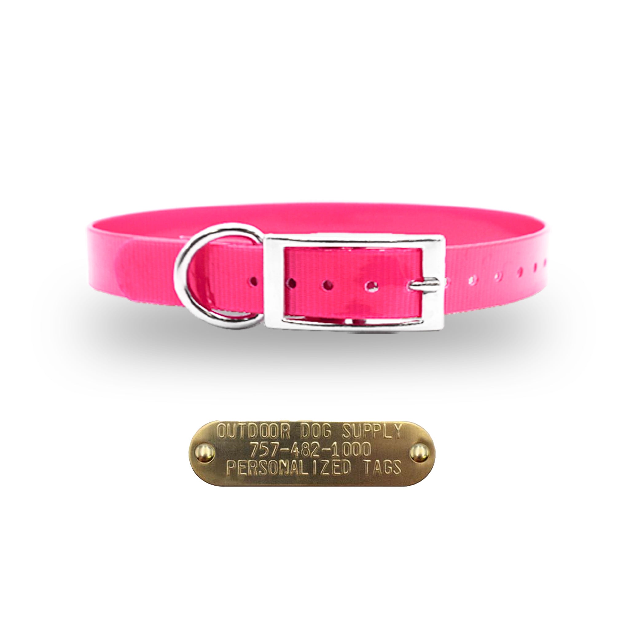Pink 3/4-inch waterproof dog collar with D-ring and free brass nameplate, durable, odor-resistant, and handmade in the USA.
