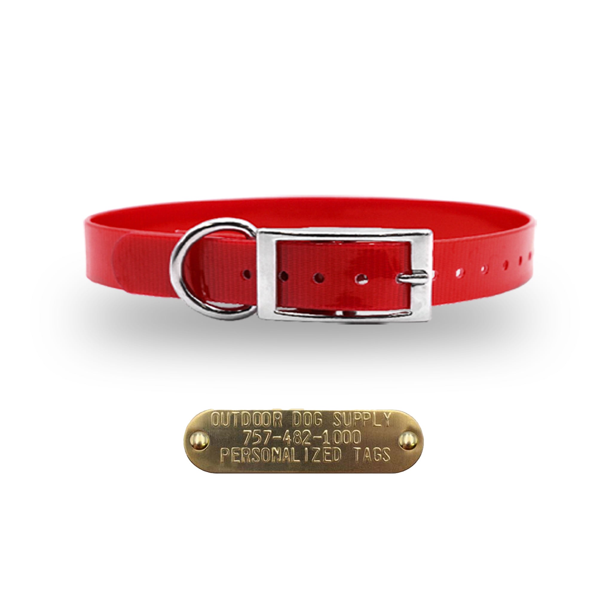 Red 3/4-inch waterproof dog collar with D-ring and free brass nameplate, durable, odor-resistant, and handmade in the USA.