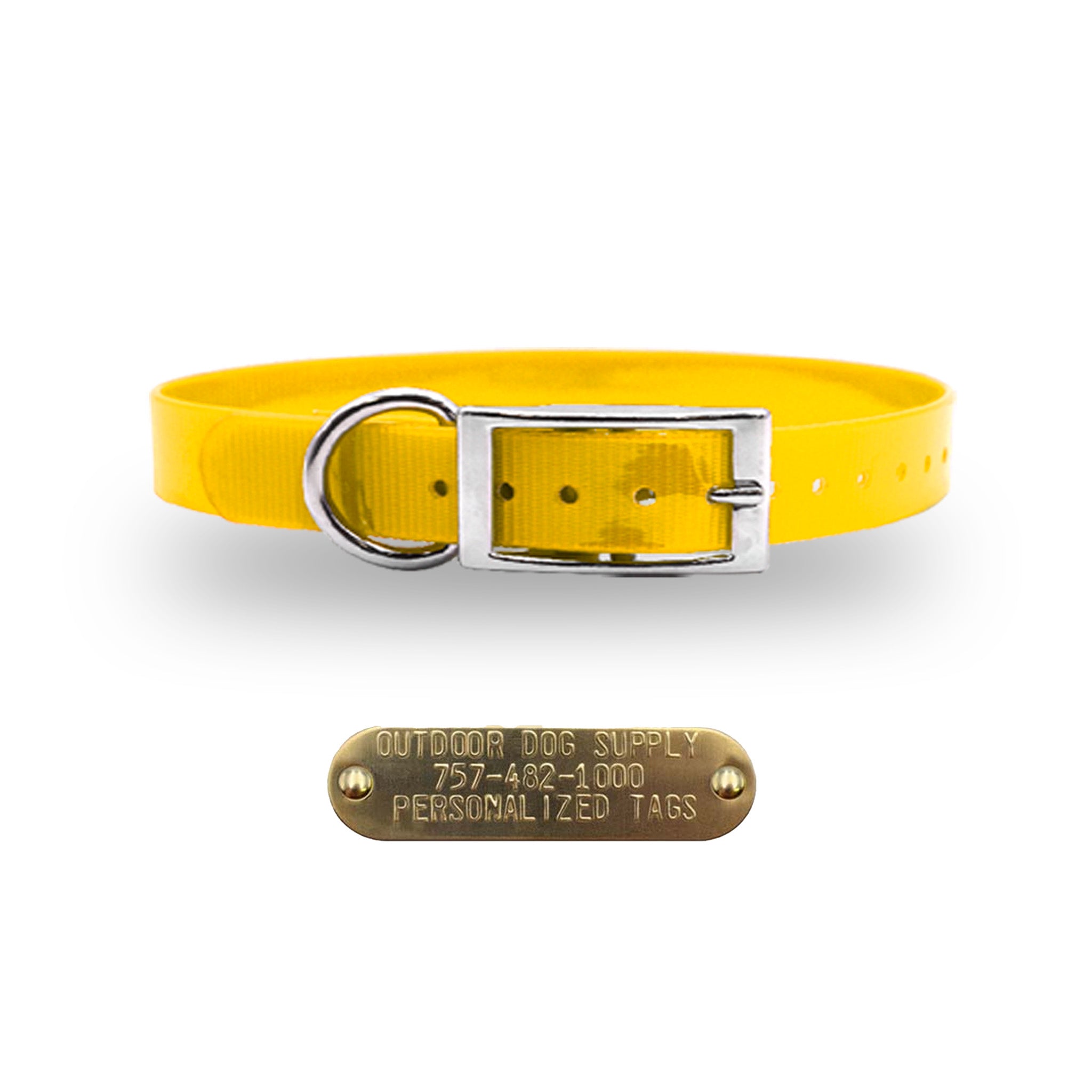School Bus Yellow 3/4-inch waterproof dog collar with D-ring and free brass nameplate, durable, odor-resistant, and handmade in the USA.