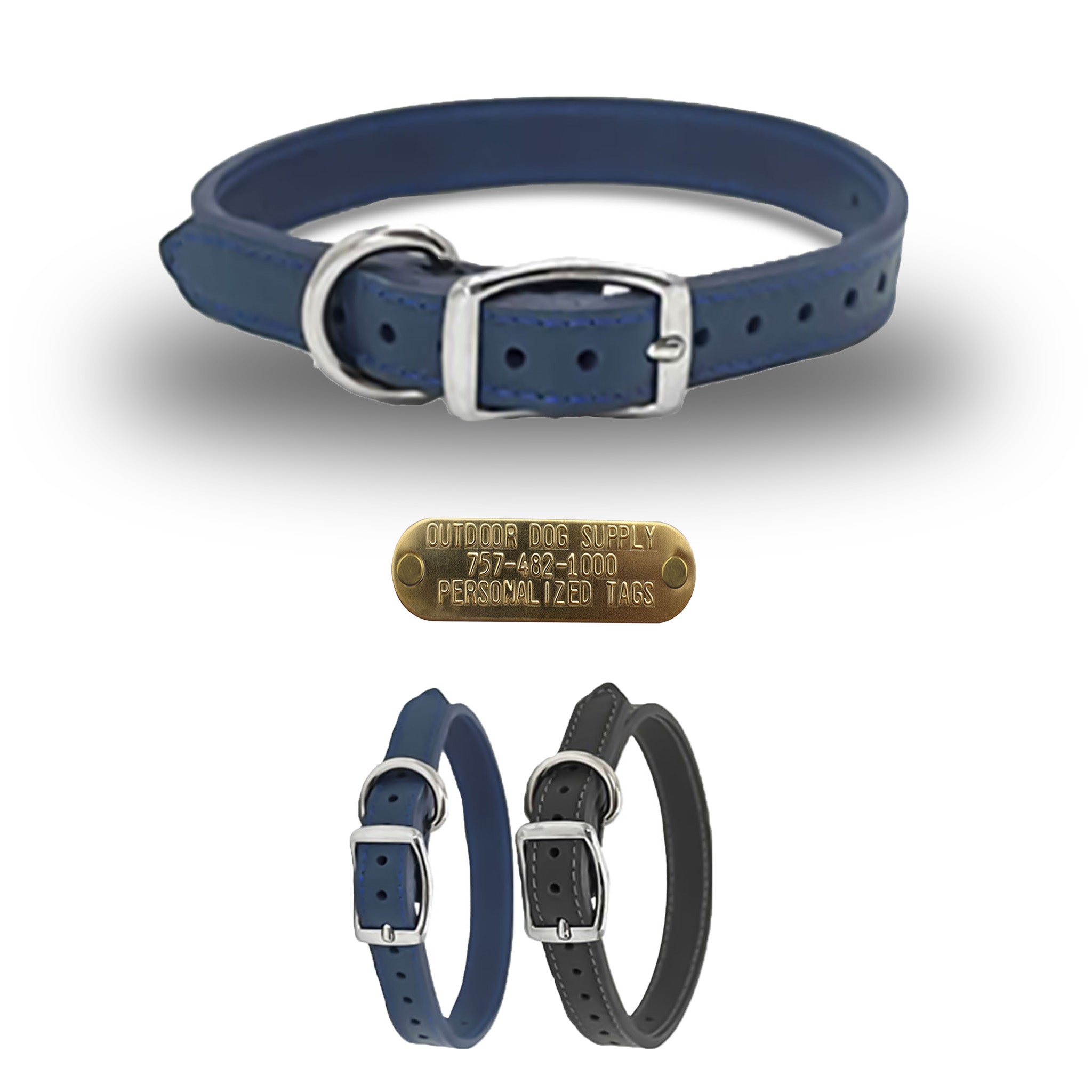 USA-made 3/4" UltraSoft Luxe leather collar with D-ring. Fits 8-18" necks. Free customizable brass name plate. Durable & stylish. Navy Blue and Gray