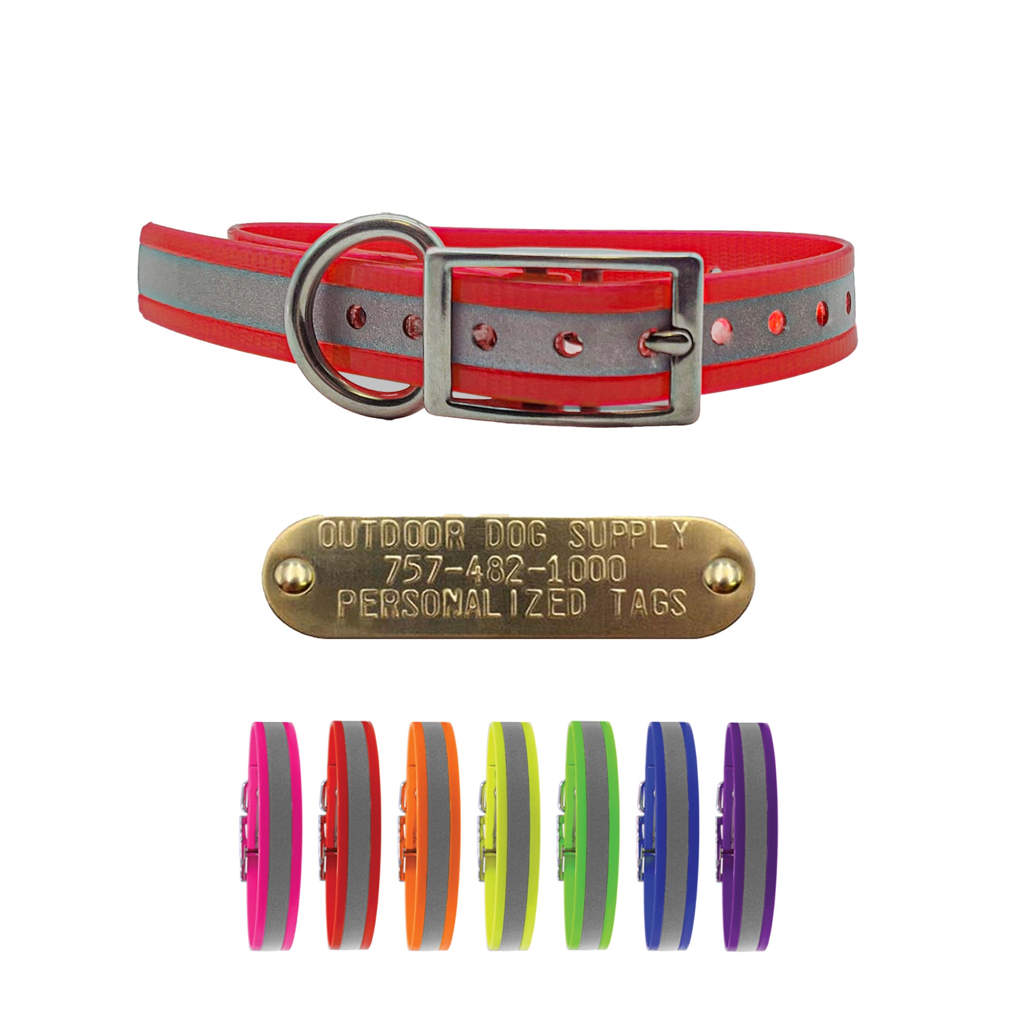 3/4 in reflective poly coated nylon dog collars with custom brass name tag and stainless steel buckle and D ring