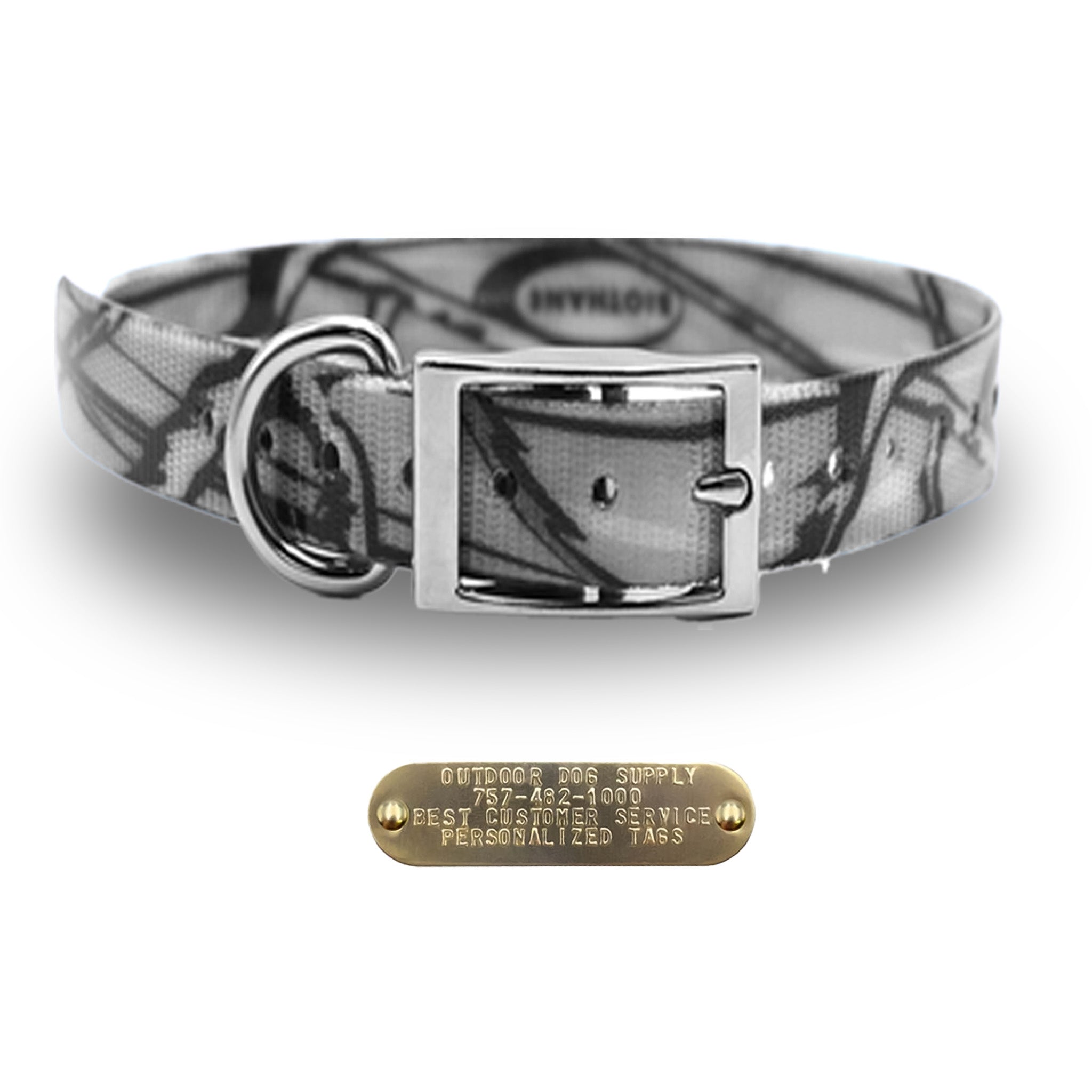 XL 1" Glow Tuff dog collar for large breeds with nickel hardware, free brass name plate, and waterproof, odor-resistant nylon. - Gray Camo
