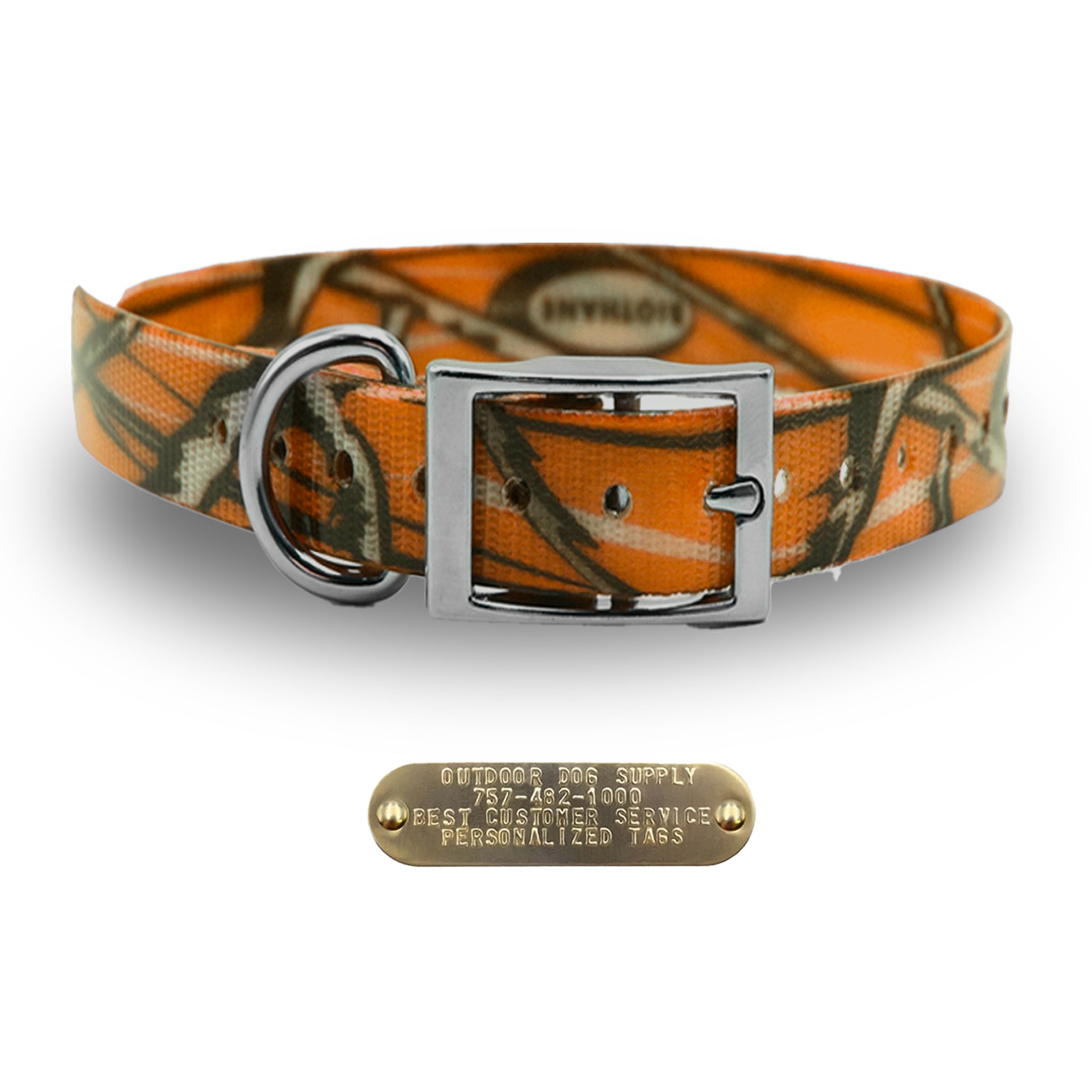 XL 1" Glow Tuff dog collar for large breeds with nickel hardware, free brass name plate, and waterproof, odor-resistant nylon. - Orange Camo