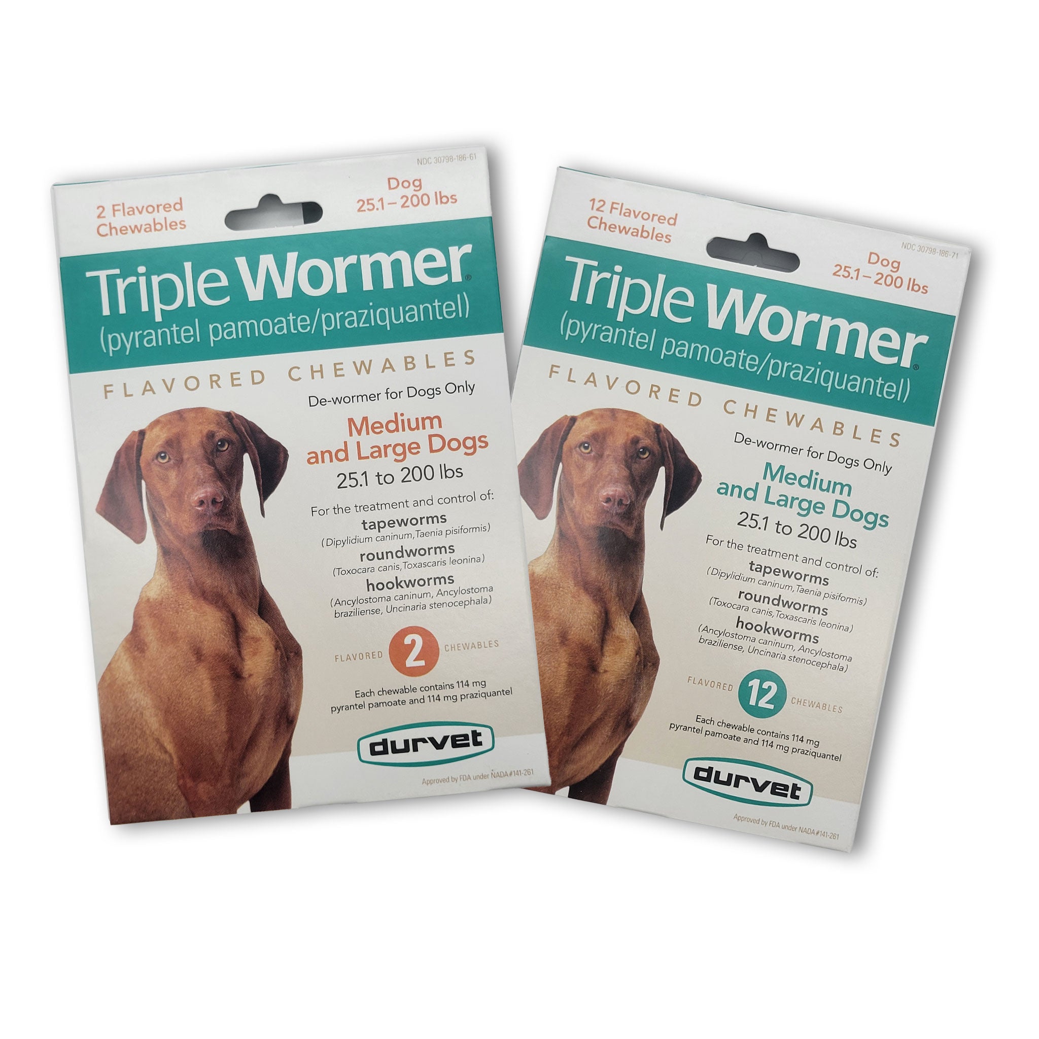 Durvet Triple Wormer: Flavored chewable dewormer for medium and large dogs (25.1–200 lbs), 12 weeks+