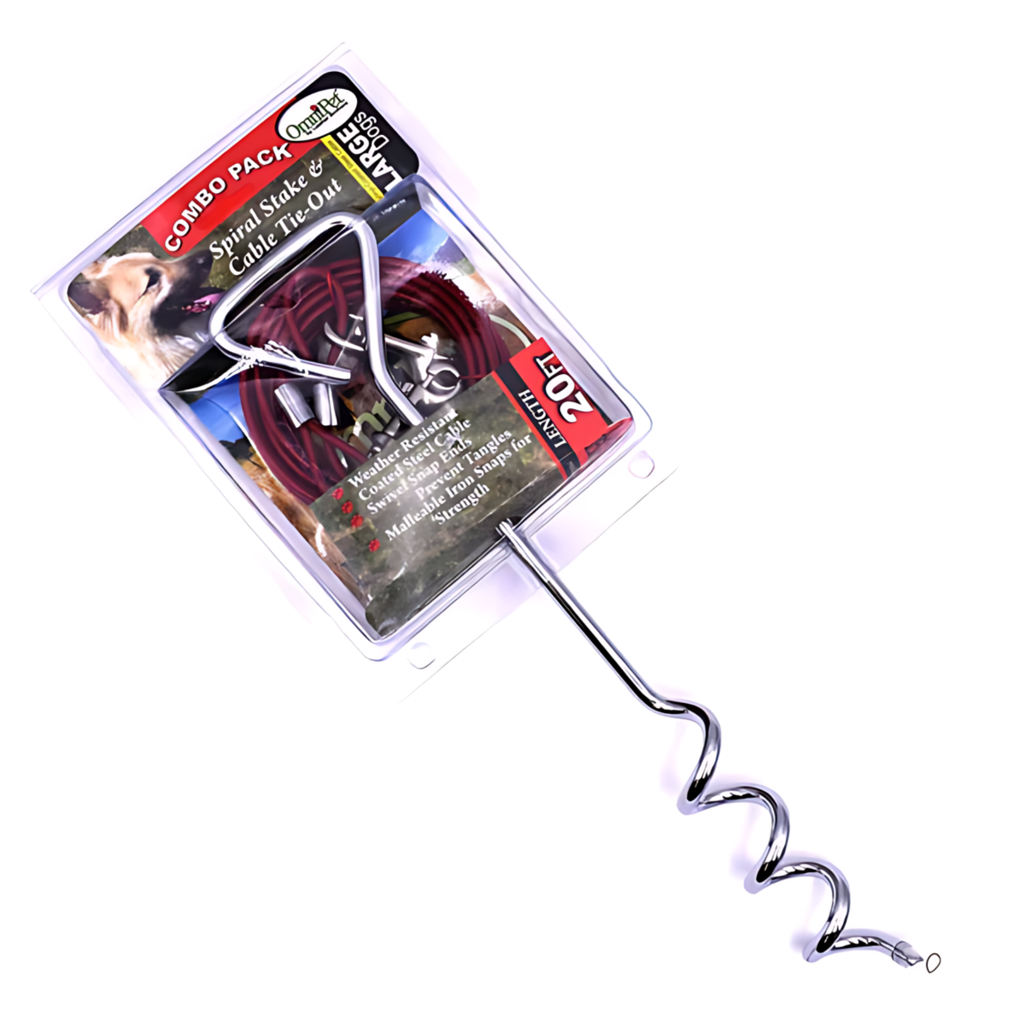 17" spiral stake with 20 ft vinyl cable tie-out- in package