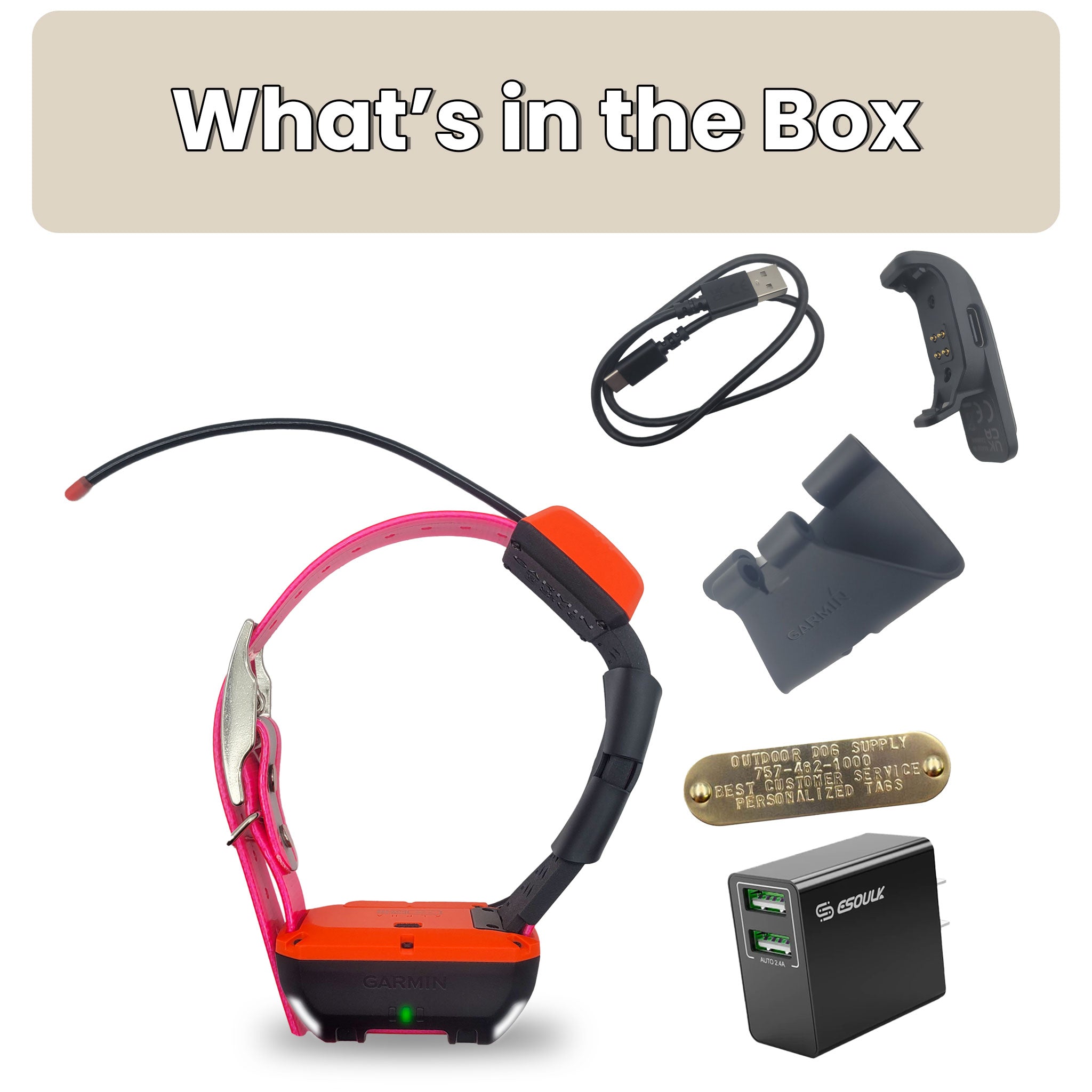 Garmin T20 Tracking Only Dog Collar With Reflective Pink Strap Box Contents