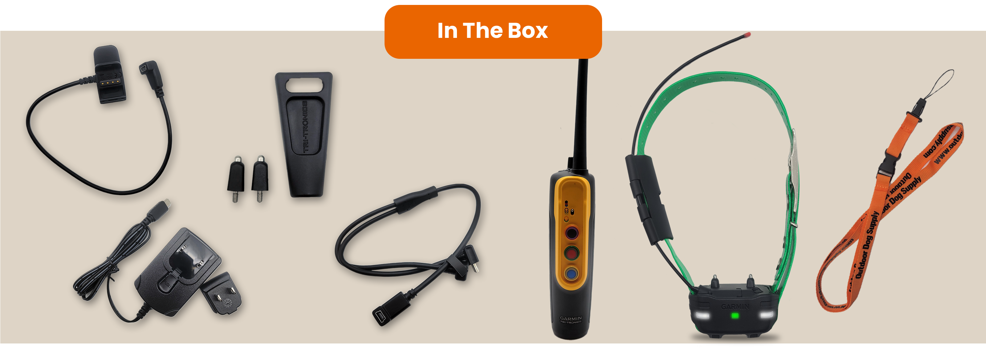 What's in the box for the Garmin Trashbreaker remote trainer handheld and collar combo.