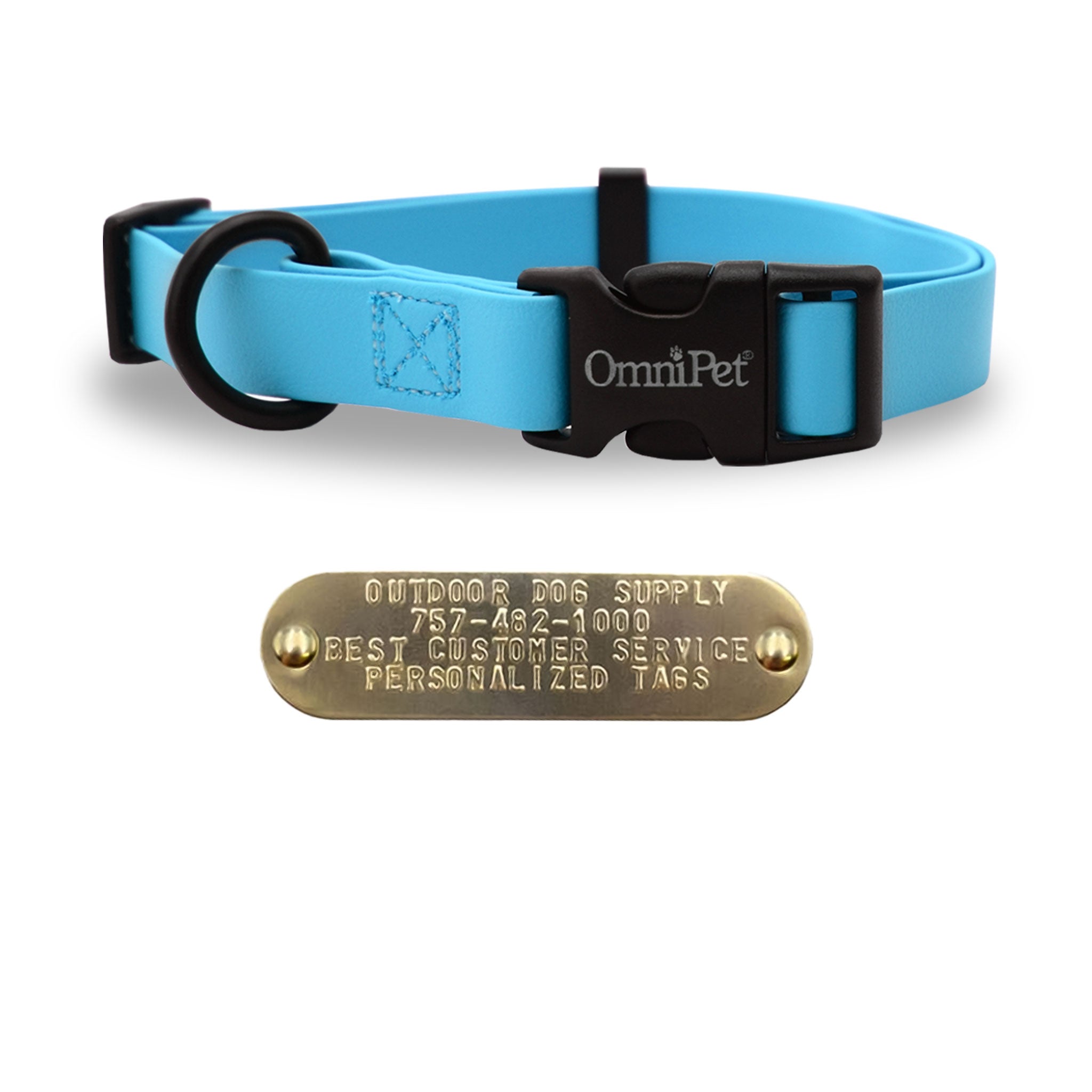 light blue 1-inch Carnival Color Dog Collar for medium to large dogs, fits neck sizes 18"–26", made from soft waterproof Tuff Skin material with heavy-duty plastic buckle, D-ring, and personalized brass nameplate; odor-resistant, easy to clean, and made in the USA.