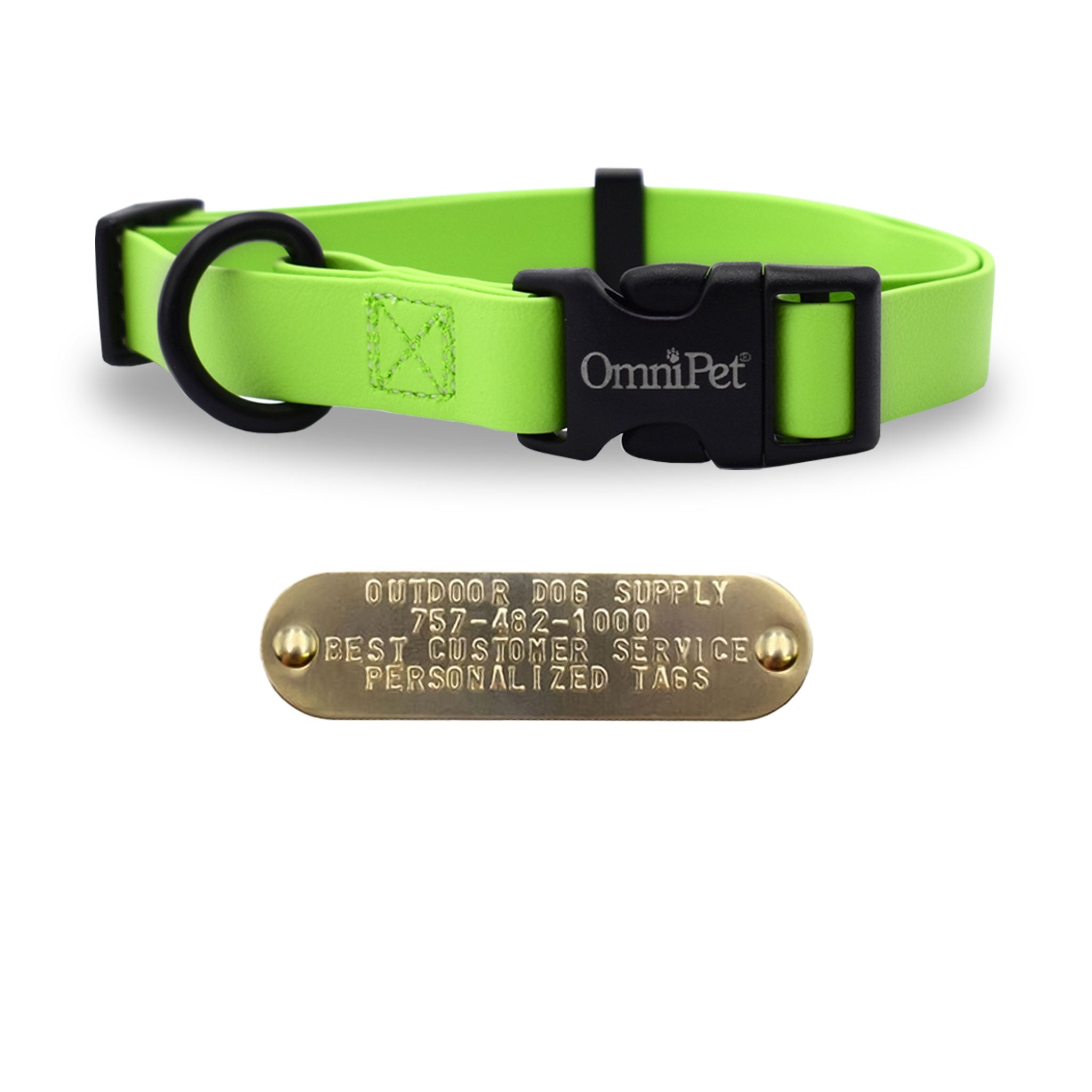 lime green 1-inch Carnival Color Dog Collar for medium to large dogs, fits neck sizes 18"–26", made from soft waterproof Tuff Skin material with heavy-duty plastic buckle, D-ring, and personalized brass nameplate; odor-resistant, easy to clean, and made in the USA.