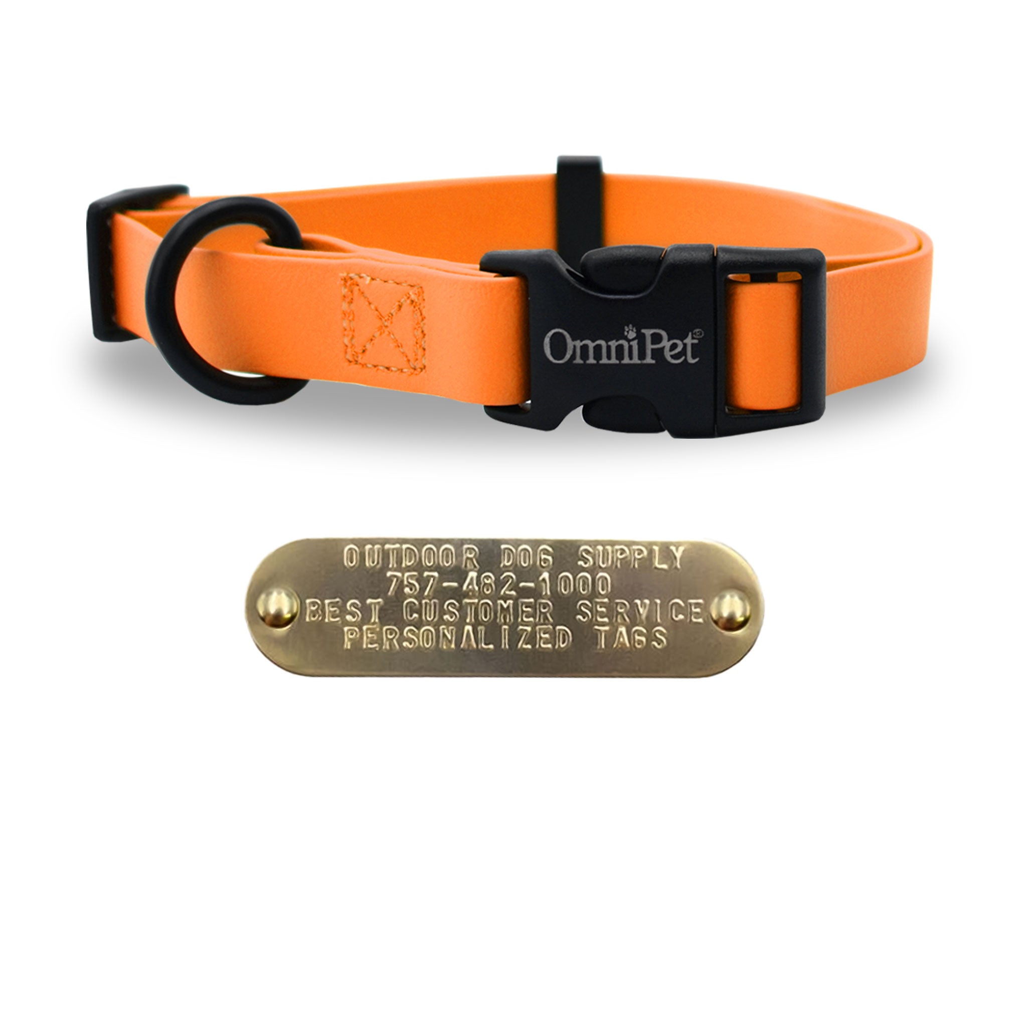 orange 1-inch Carnival Color Dog Collar for medium to large dogs, fits neck sizes 18"–26", made from soft waterproof Tuff Skin material with heavy-duty plastic buckle, D-ring, and personalized brass nameplate; odor-resistant, easy to clean, and made in the USA.