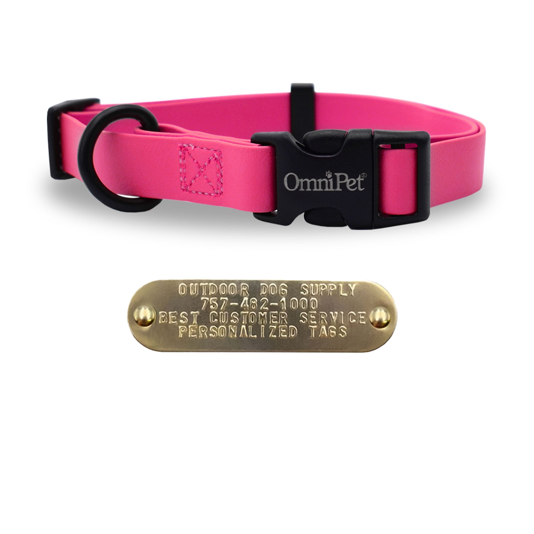 pink 1-inch Carnival Color Dog Collar for medium to large dogs, fits neck sizes 18"–26", made from soft waterproof Tuff Skin material with heavy-duty plastic buckle, D-ring, and personalized brass nameplate; odor-resistant, easy to clean, and made in the USA.