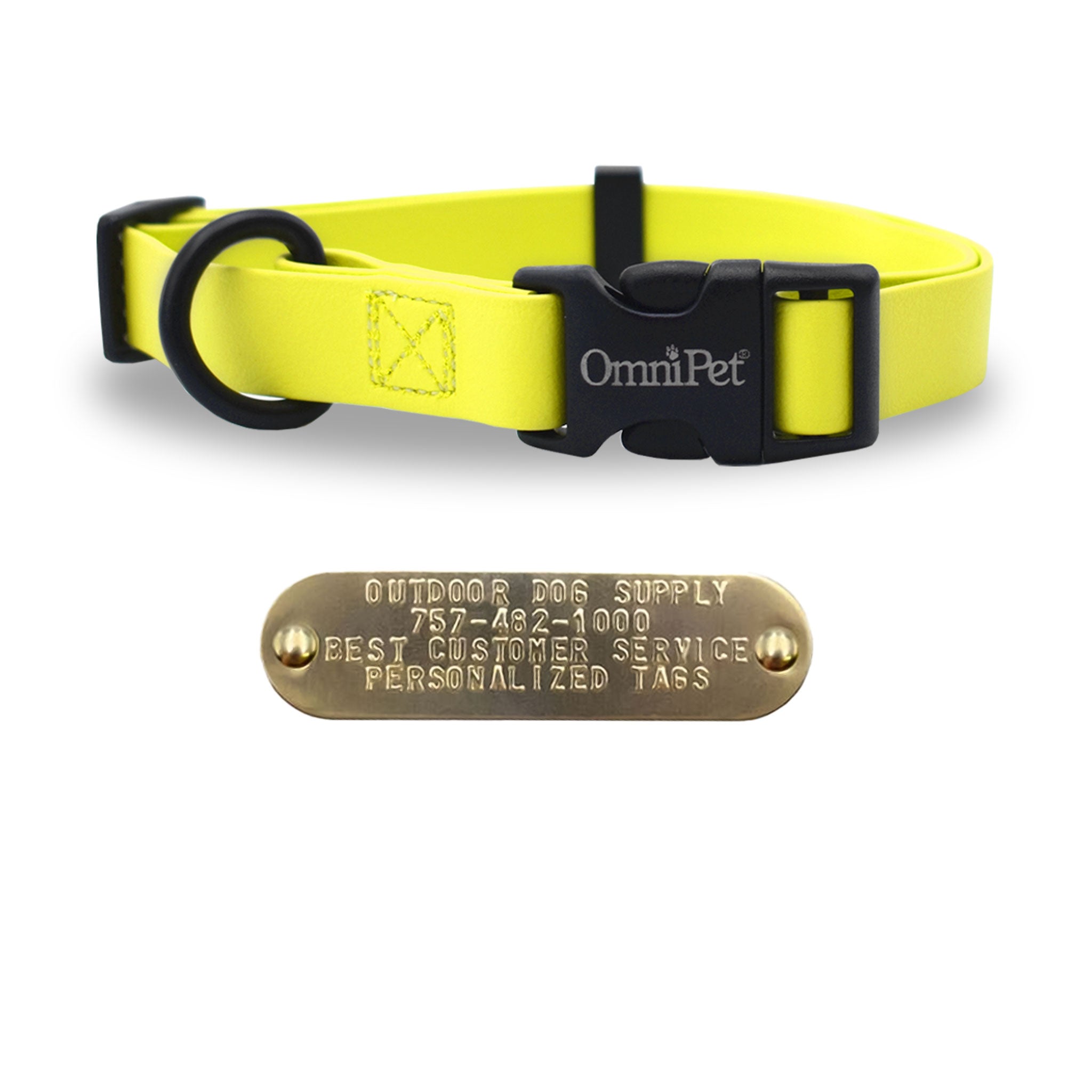 yellow 1-inch Carnival Color Dog Collar for medium to large dogs, fits neck sizes 18"–26", made from soft waterproof Tuff Skin material with heavy-duty plastic buckle, D-ring, and personalized brass nameplate; odor-resistant, easy to clean, and made in the USA.