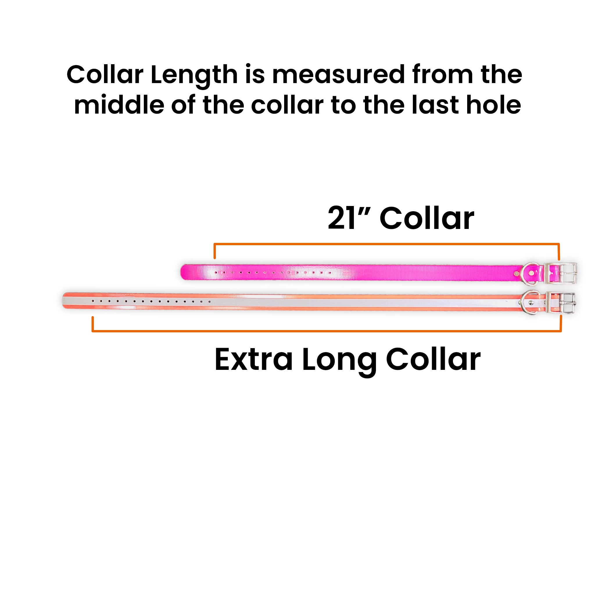 Size comparison of 21 inch and XL premium glow tuff collars