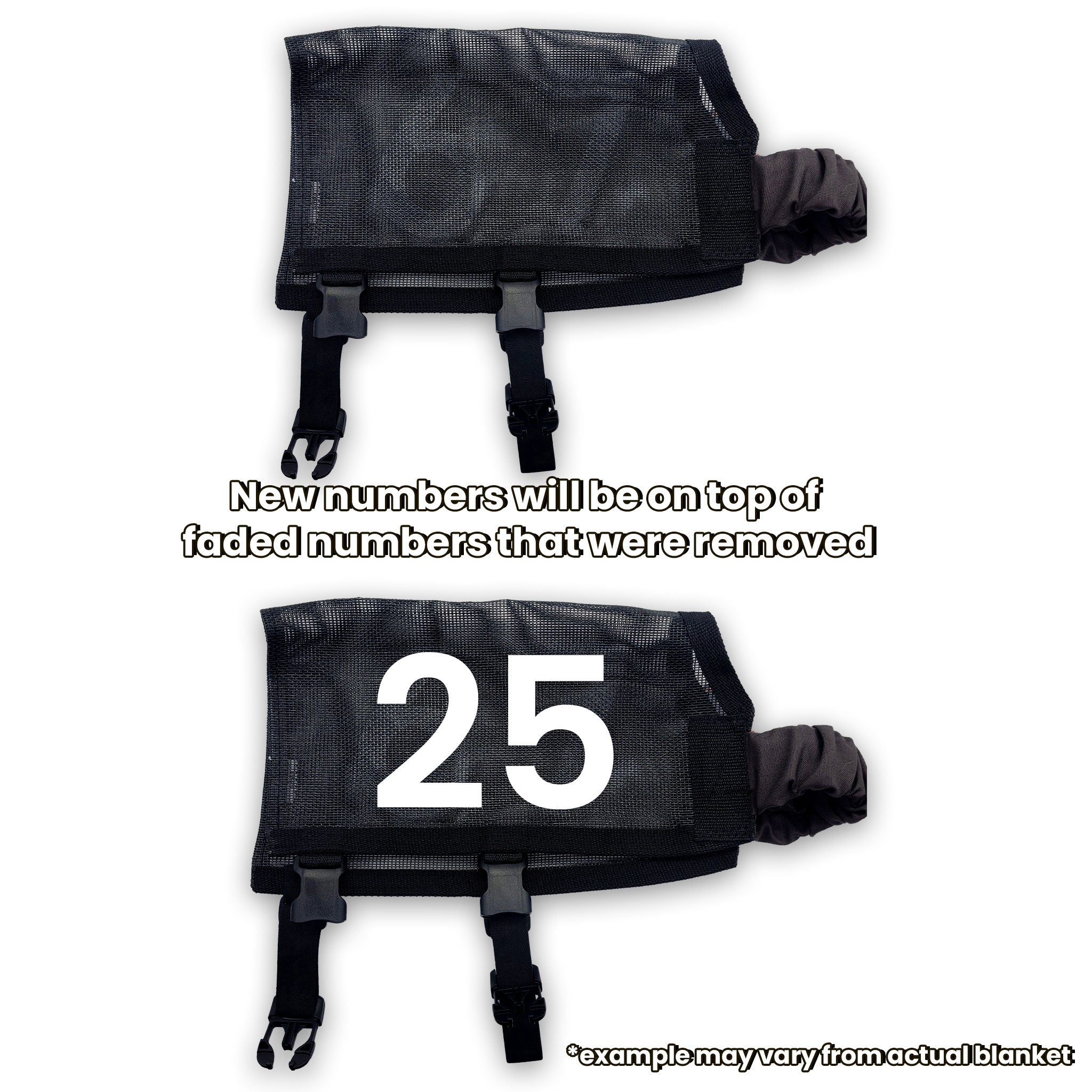 Custom OOPS Doc Purdy Mesh Field Trial Dog Blankets. Example of what the blankets looks like with numbers removed and readded.