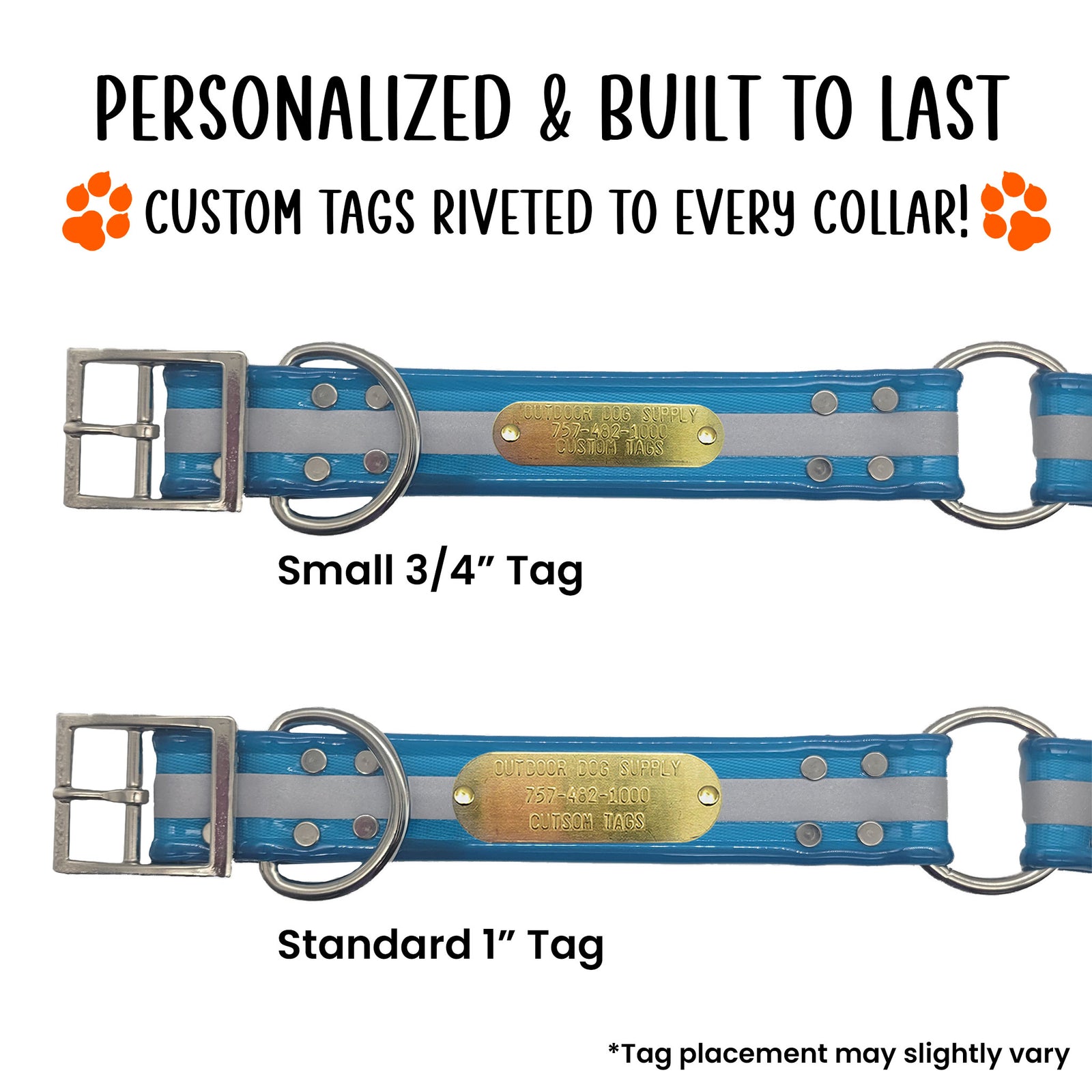 custom tag riveted to extra large reflective blue dog collar with center ring