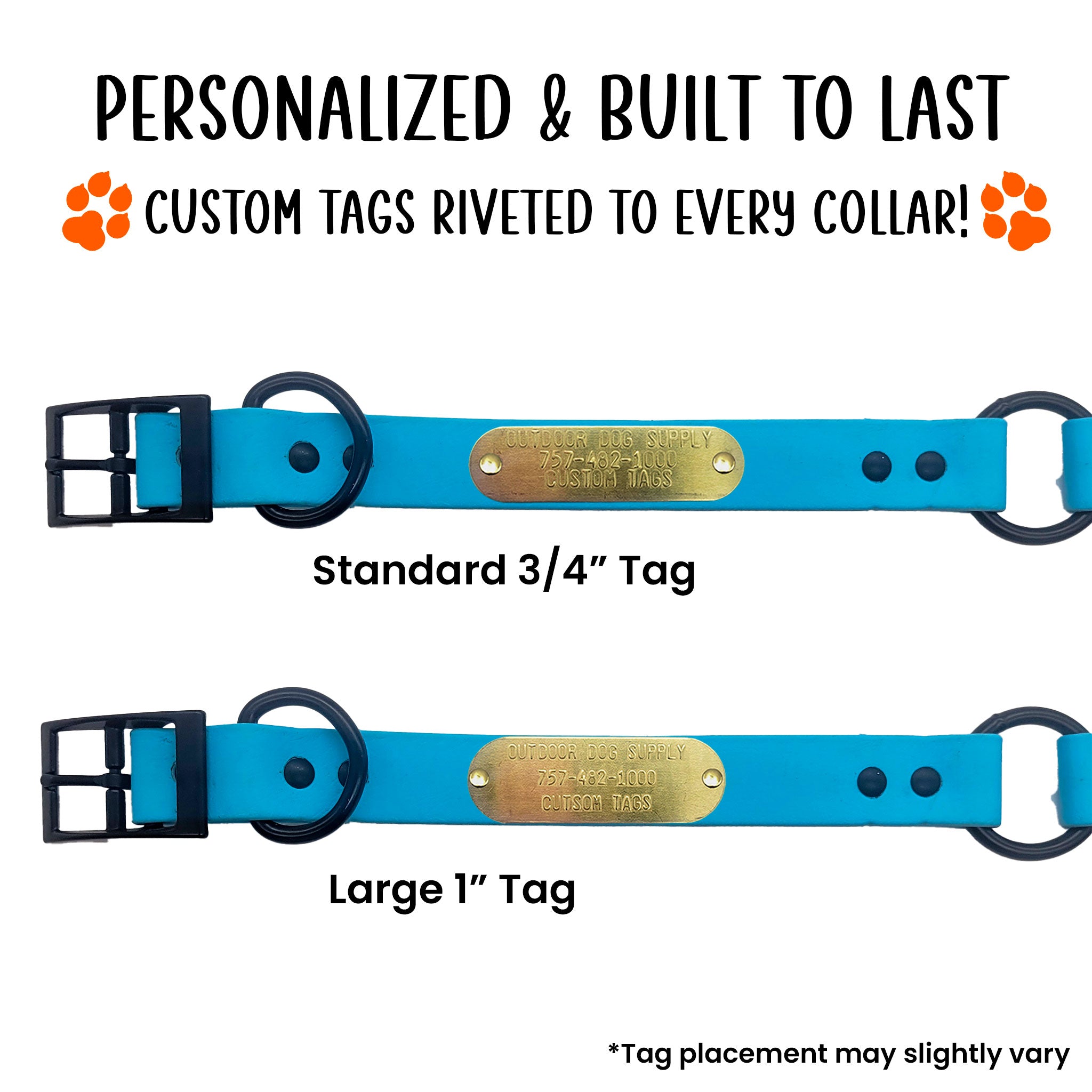 custom name tag riveted onto blue beta collar with center ring