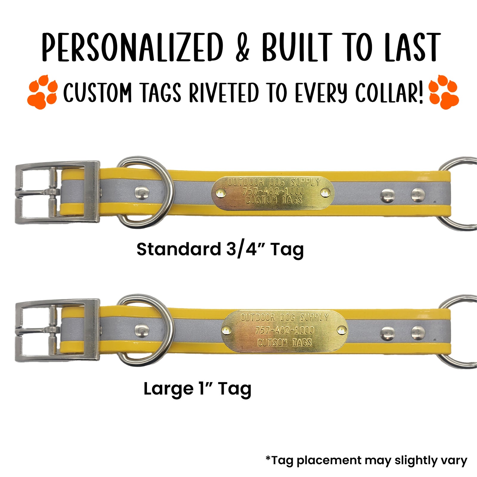 custom name tag riveted to a reflective yellow dog collar with center ring