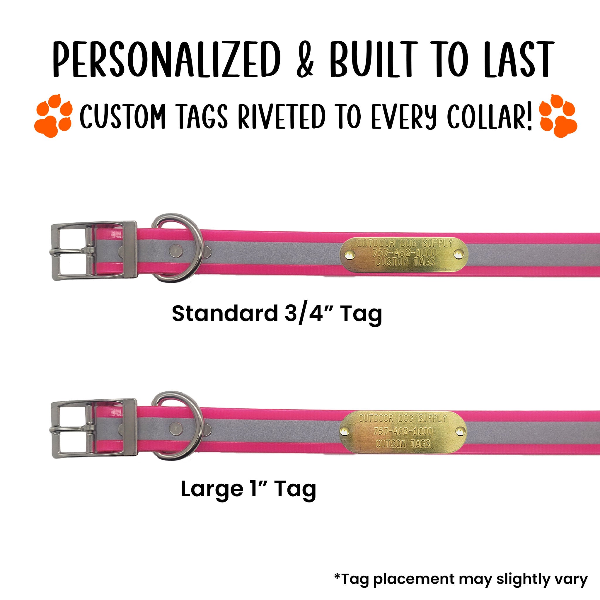custom tags riveted to a pink ploy-coated nylon collar with a reflective strip in the middle