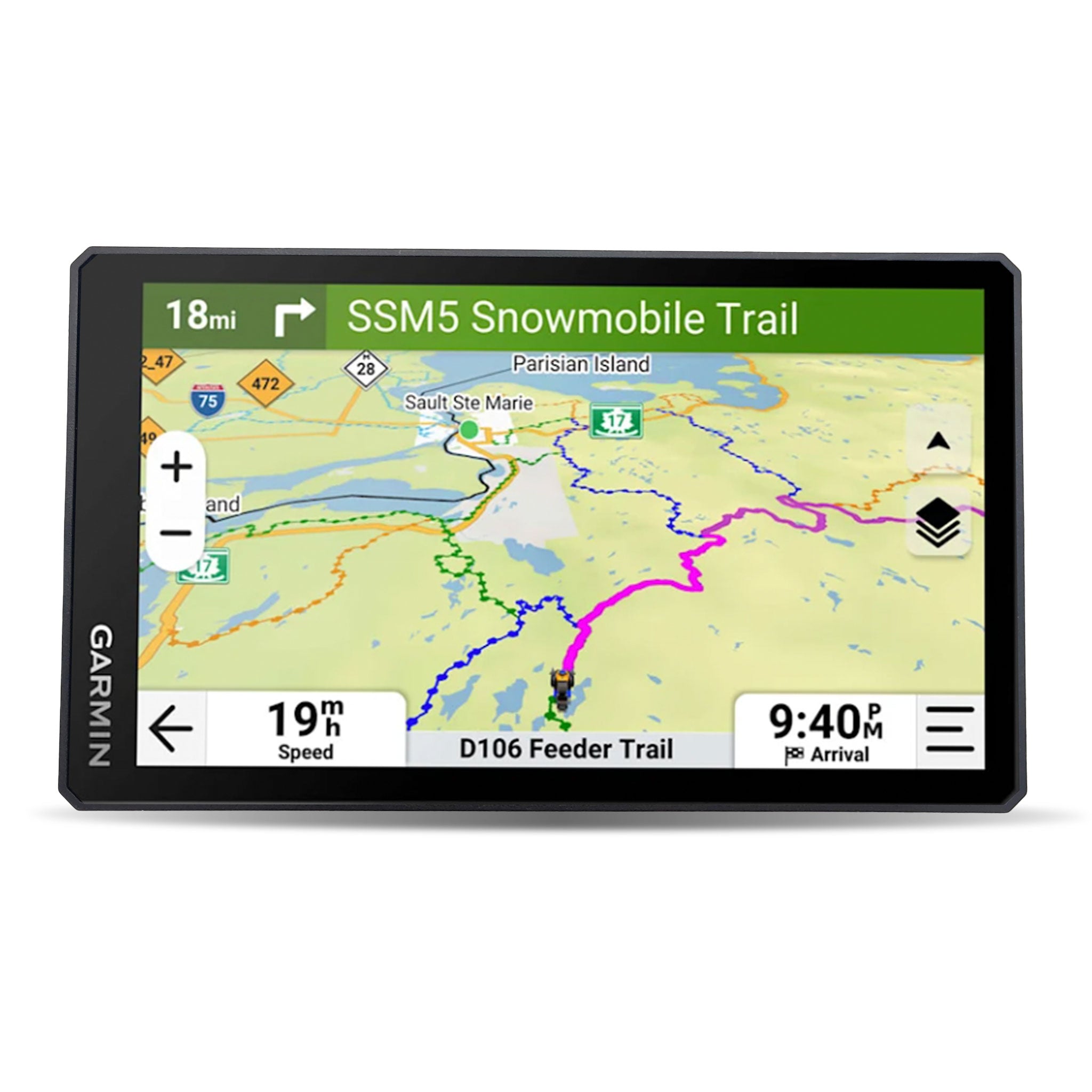 Front view of Garmin Tread 2: Trail navigation, dog tracking, and Group Ride