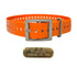 Versatile 1" dog collars. Ideal for ID tags, puppies, spare. Fits 10-27" necks. Free brass name plate. Not for leashes. Orange Square Buckle.