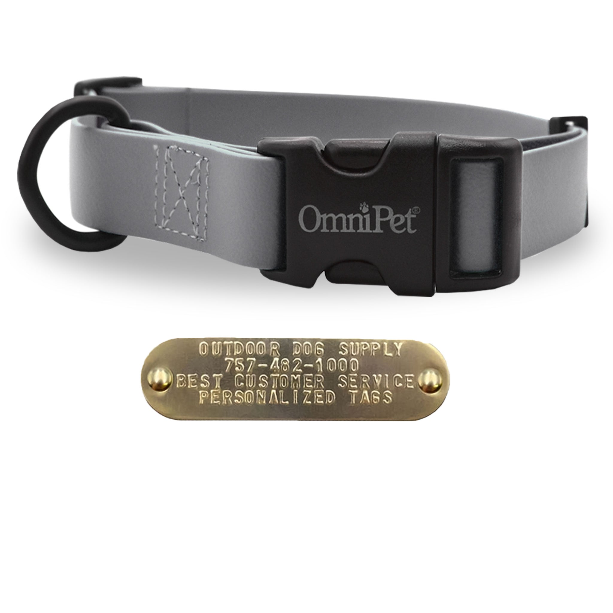 Gray 1-inch Carnival dog collar with free brass nameplate, waterproof and durable for medium to large breeds.