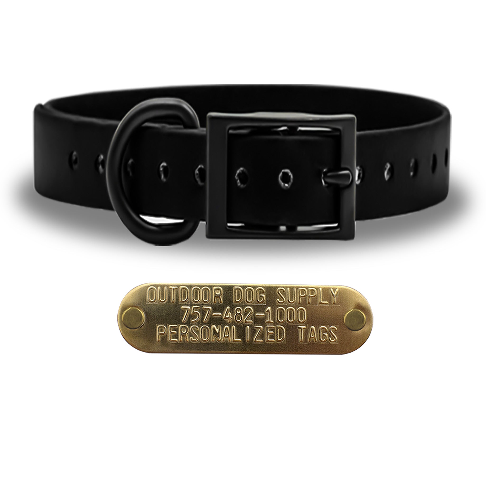 SoftFlex 1" dog collar with black hardware, brass name plate, and waterproof, odor-resistant leather-like material. Made in USA. - Black Licorice