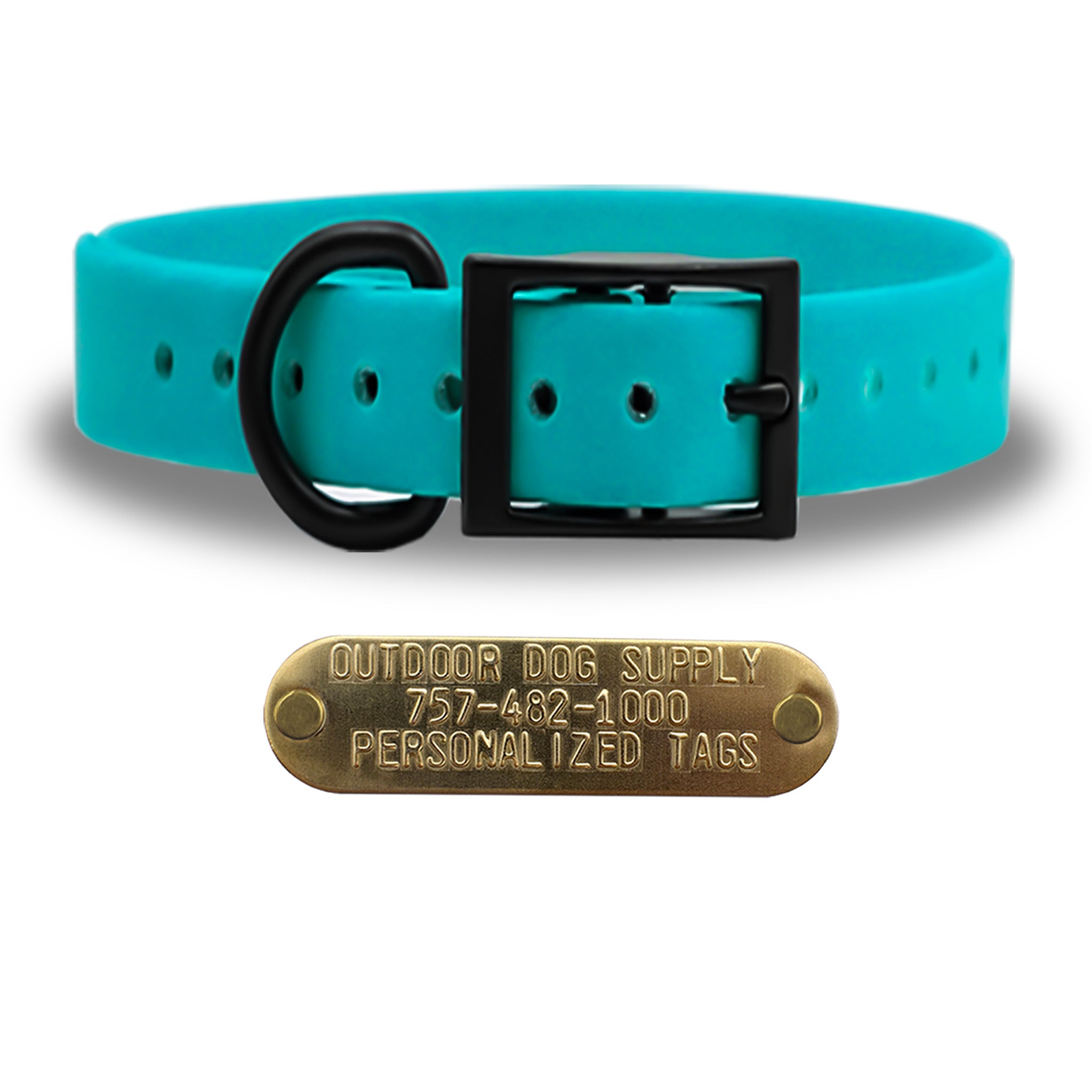 SoftFlex 1" dog collar with black hardware, brass name plate, and waterproof, odor-resistant leather-like material. Made in USA. - Cotton Candy Blue