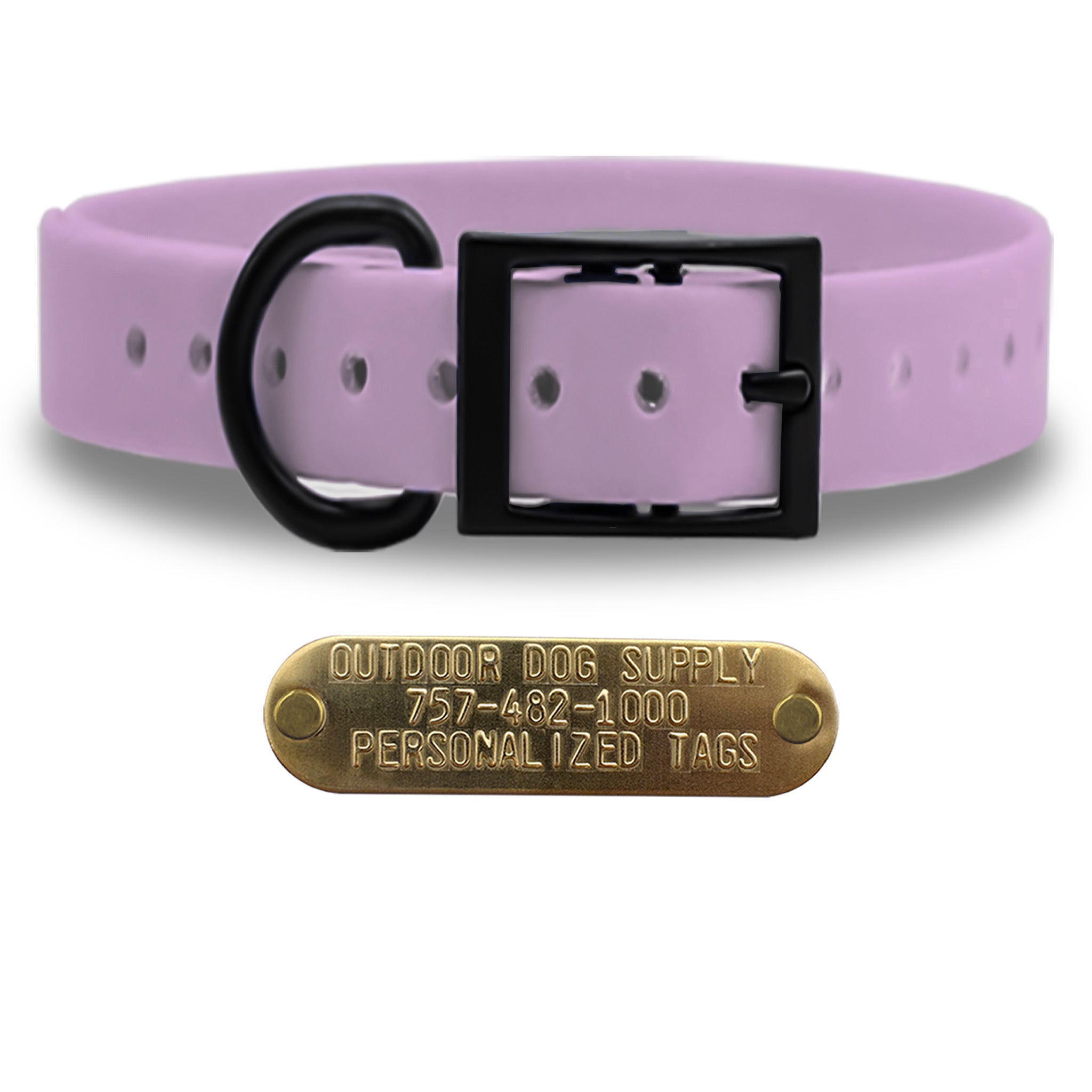 SoftFlex 1" dog collar with black hardware, brass name plate, and waterproof, odor-resistant leather-like material. Made in USA. - Lush Lavender