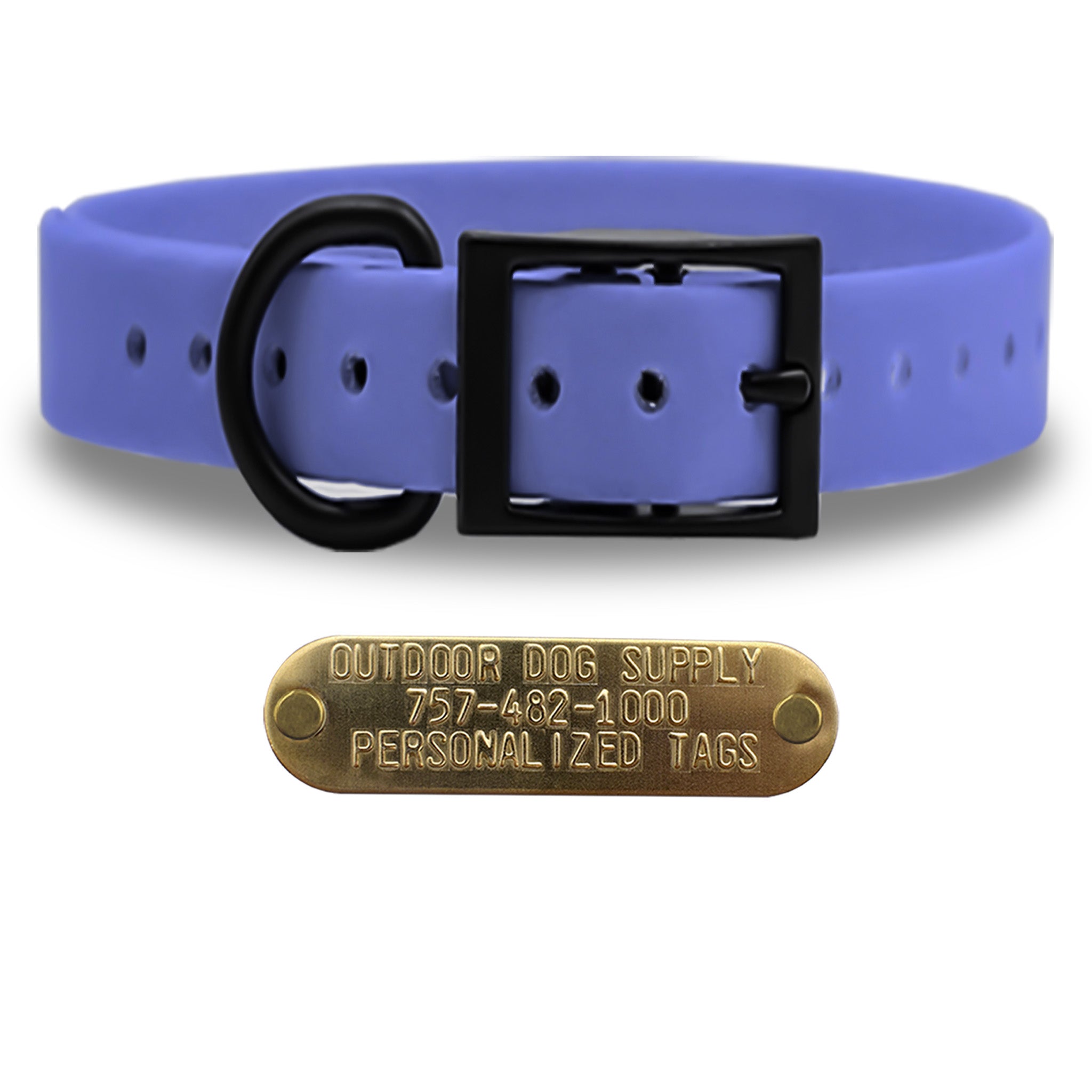 SoftFlex 1" dog collar with black hardware, brass name plate, and waterproof, odor-resistant leather-like material. Made in USA. - Poppin Periwinkle