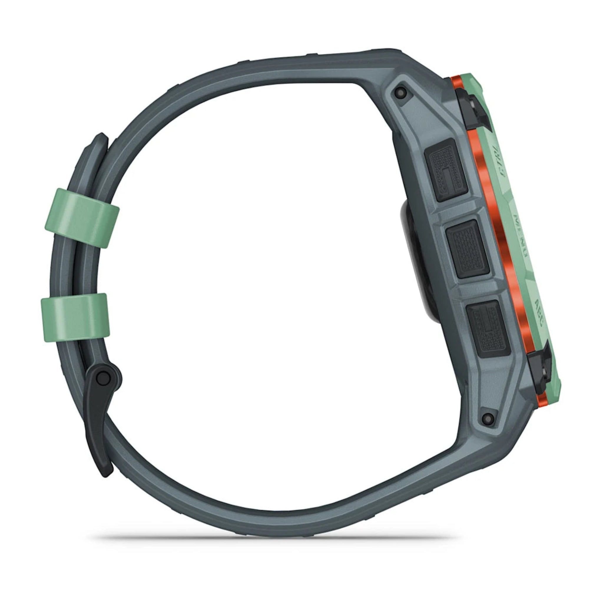 Garmin Instict 3 Neo Tropic Face with Twilight Band side facing showing side controls