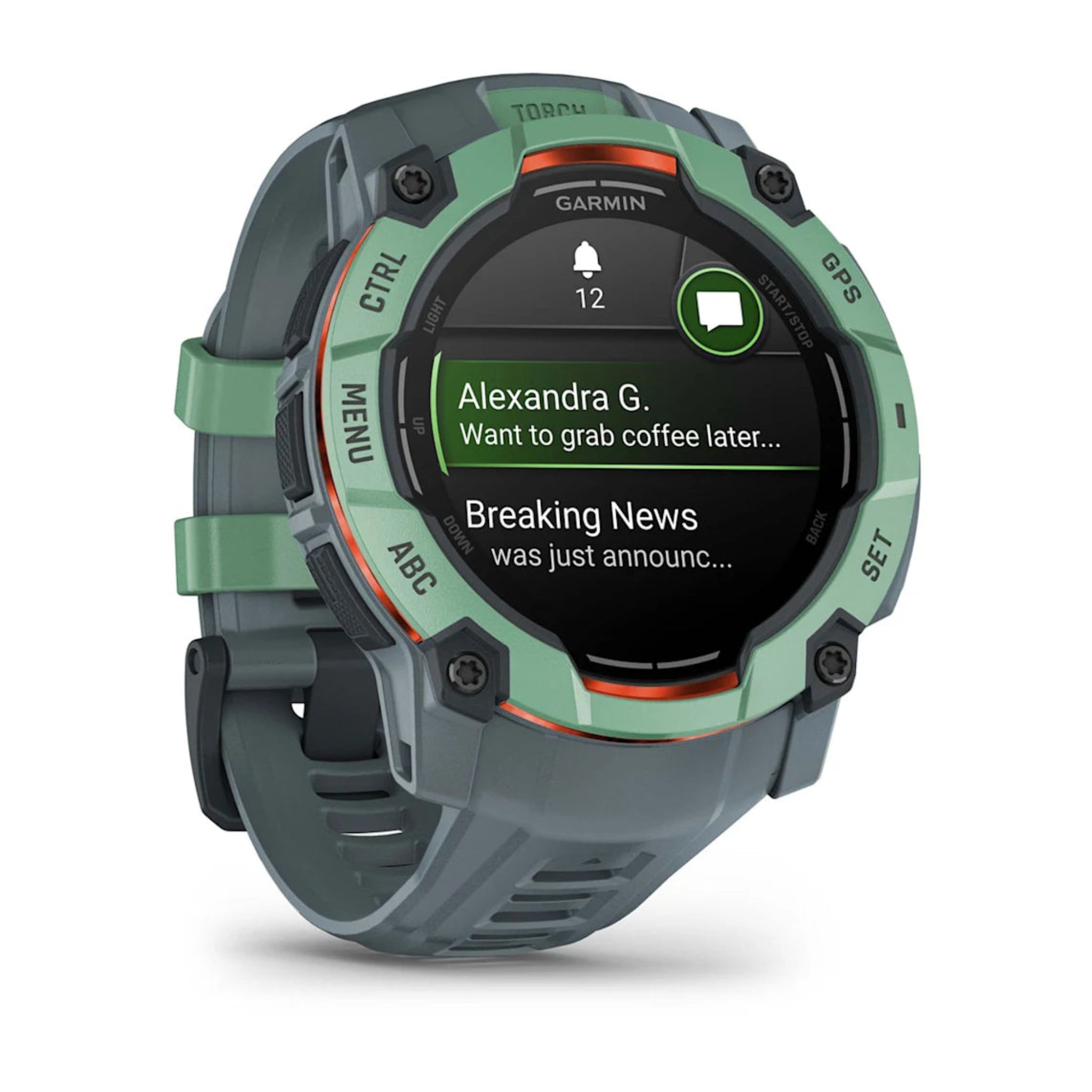Garmin Instinct 3x Neo Tropic with Twilight Band front facing showing test message notifications