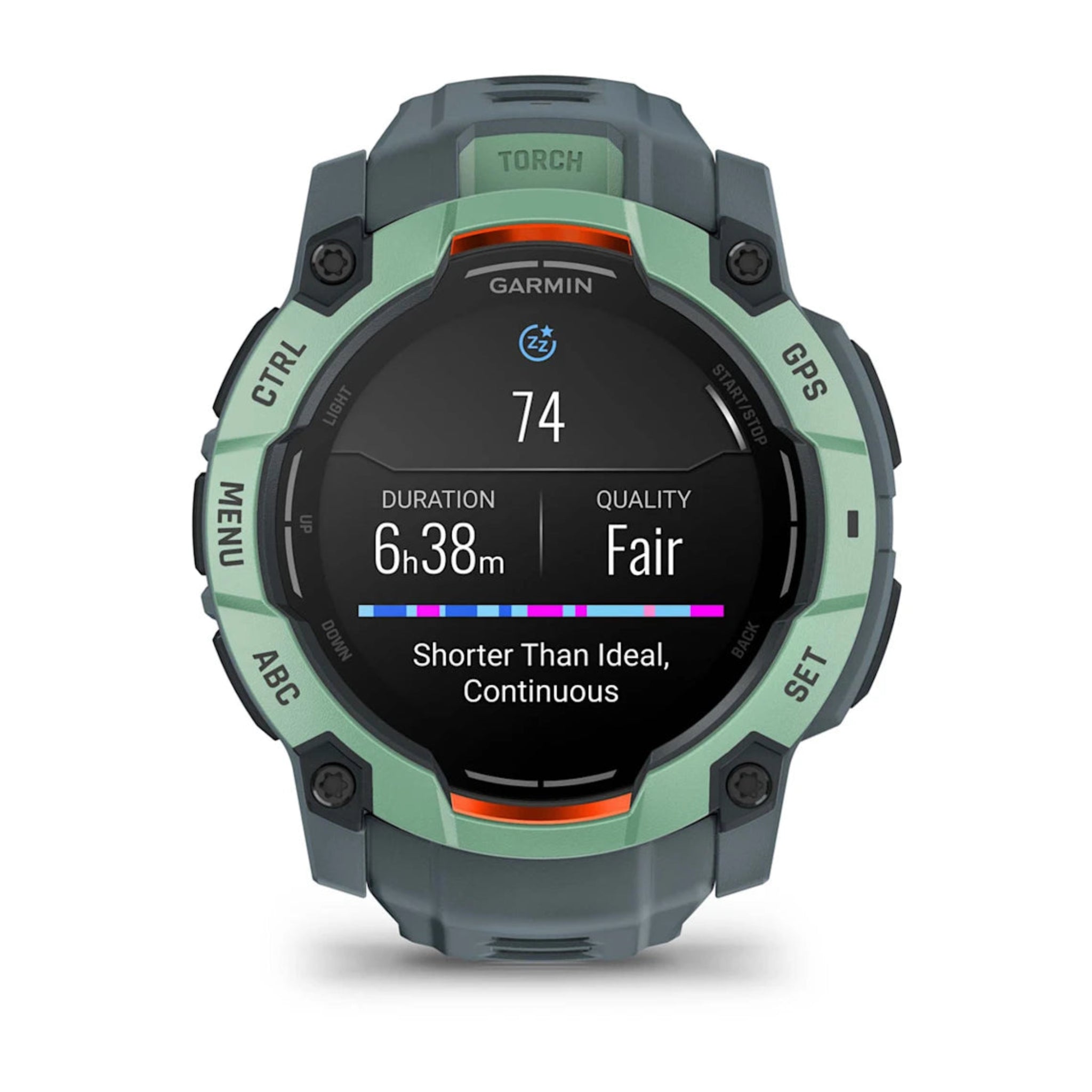 Garmin Instinct 3 Neo Tropic with Twilight Band front facing showing sleep pattern