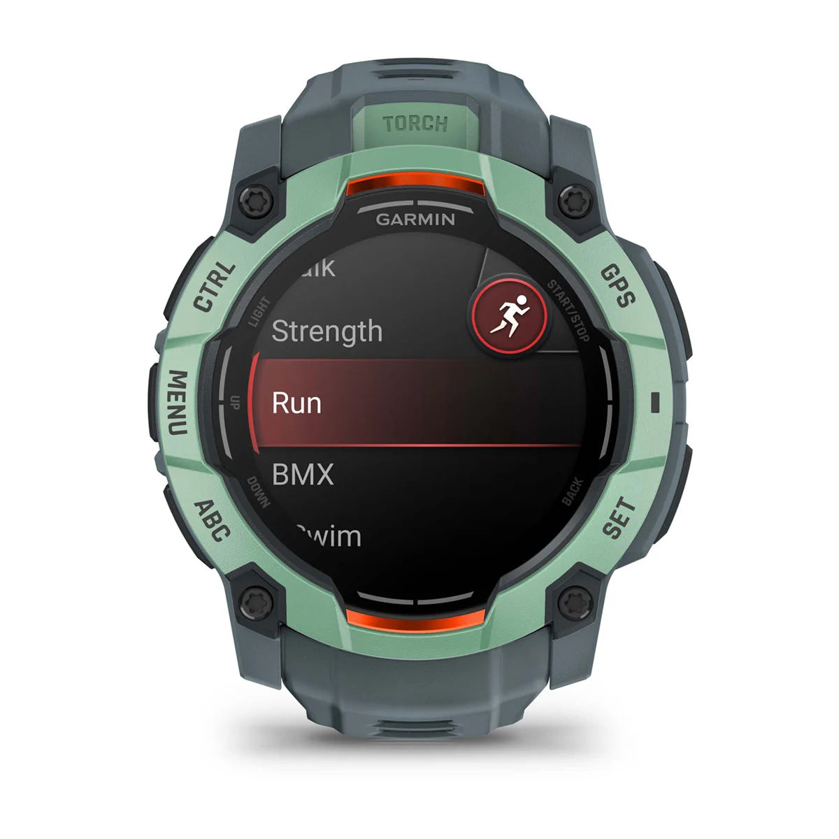 Garmin Instinct 3 Neo Tropic with Twilight Band front facing showing workout 