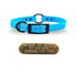 SoftFlex 3/4" dog collar with center ring, black hardware, free brass name plate, and waterproof, odor-resistant material. Cotton Candy Blue