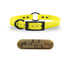 SoftFlex 3/4" dog collar with center ring, black hardware, free brass name plate, and waterproof, odor-resistant material. Lemon Pineapple